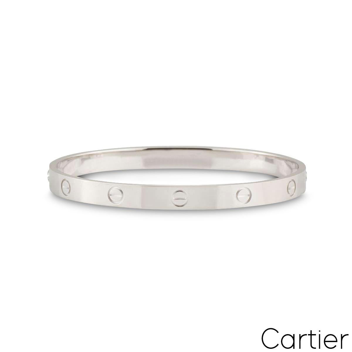 An 18k white gold Cartier bracelet from the Love collection. The bracelet comprises of the iconic screw motifs on the outer edge. The bracelet is a size 17, features the new style screw fitting and has a gross weight of 33.40 grams.

Comes complete