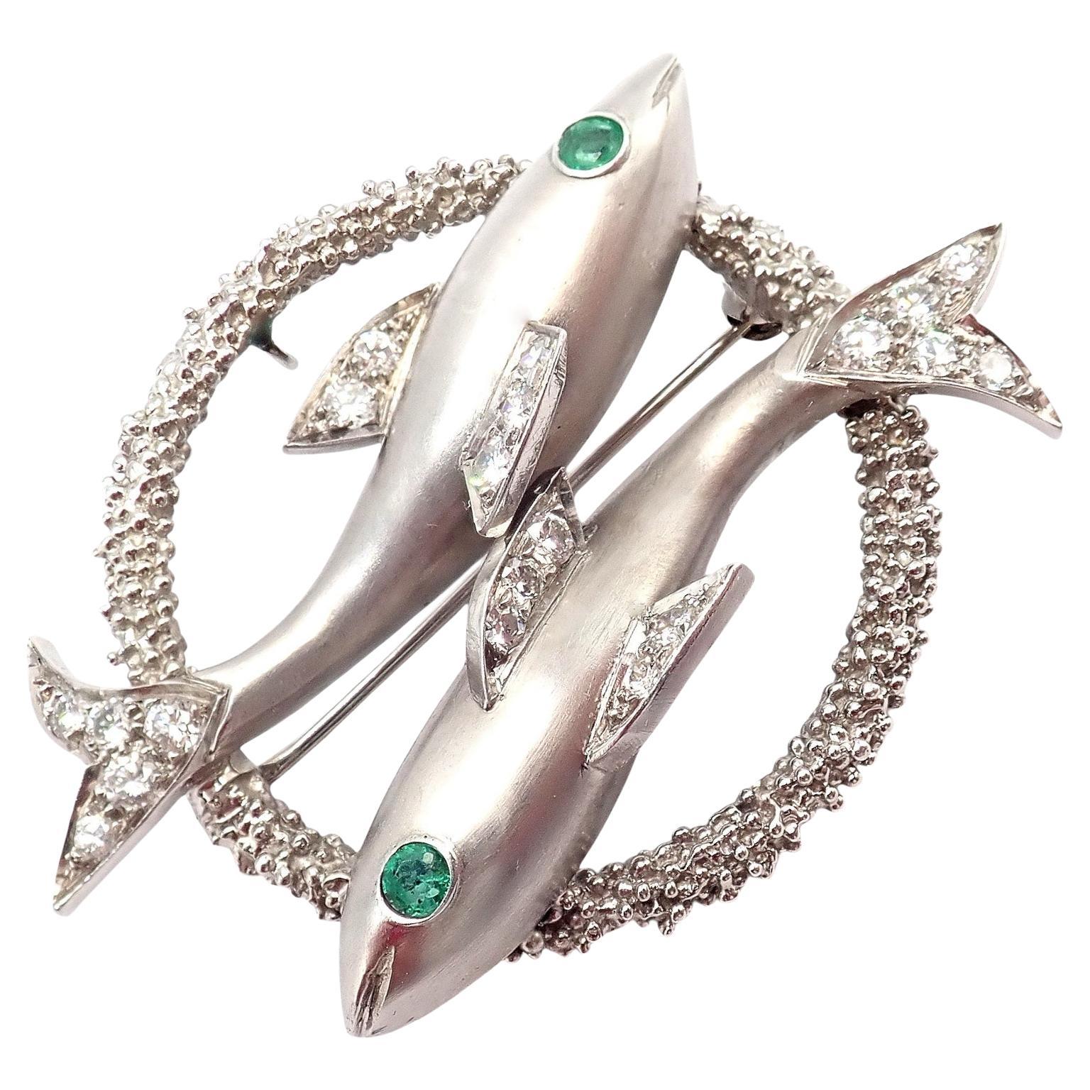 Cartier White Gold Platinum Diamond Emerald Zodiac Pisces Fish Pin Brooch
