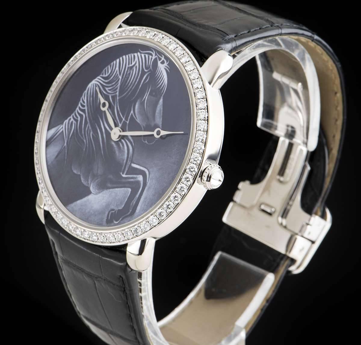 An 18k White Gold d'Art Chinese Year Of The Horse Limited Edition Ronde Louise XL Gents Wristwatch, blue grisaille enamel dial with horse motif, a fixed 18k white gold bezel set with approximately 60 round brilliant cut diamonds, crown set with a