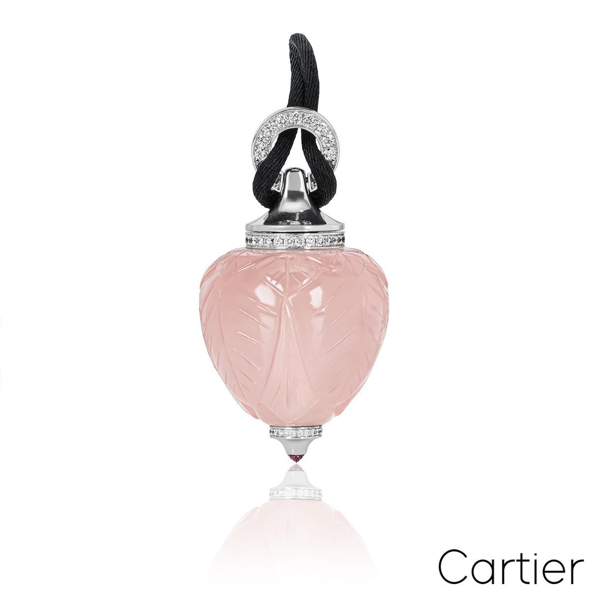 Round Cut Cartier White Gold Rose Quartz & Diamond Inde Mystérieuse Perfume Bottle Pendant For Sale