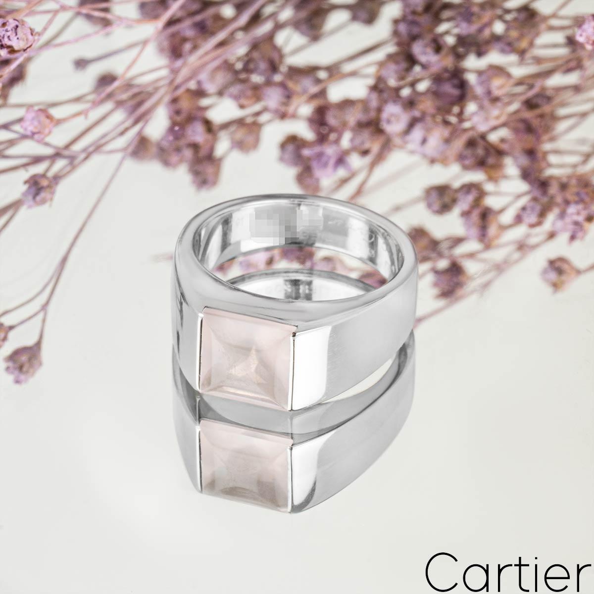 Square Cut Cartier White Gold Rose Quartz Tank Ring For Sale