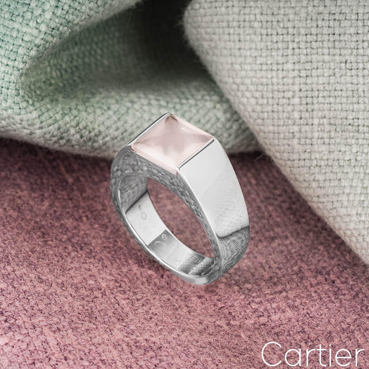 Cartier White Gold Rose Quartz Tank Ring In Excellent Condition For Sale In London, GB