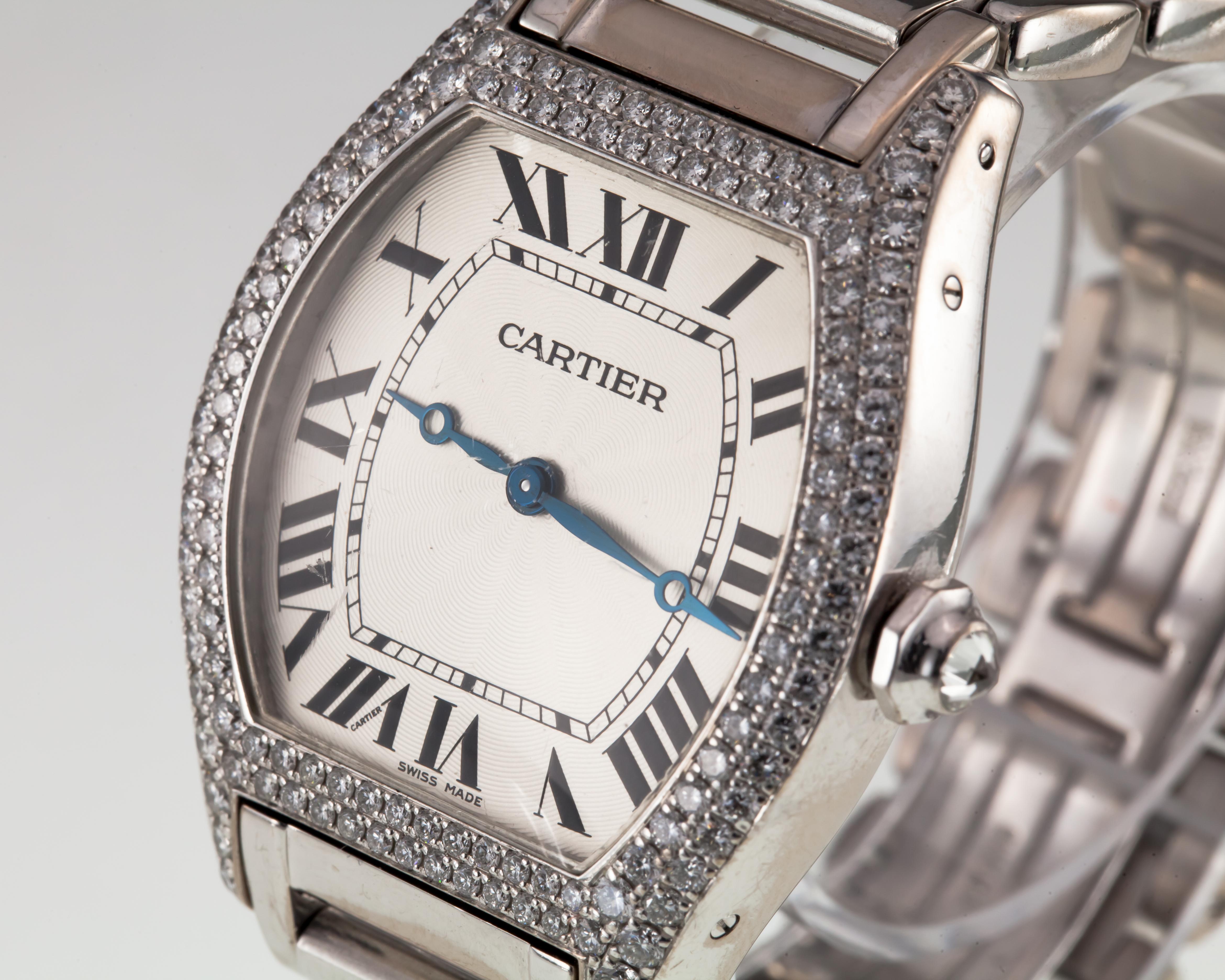 Modern Cartier White Gold Tortue Mechanical Watch with Factory Diamonds 2497 For Sale