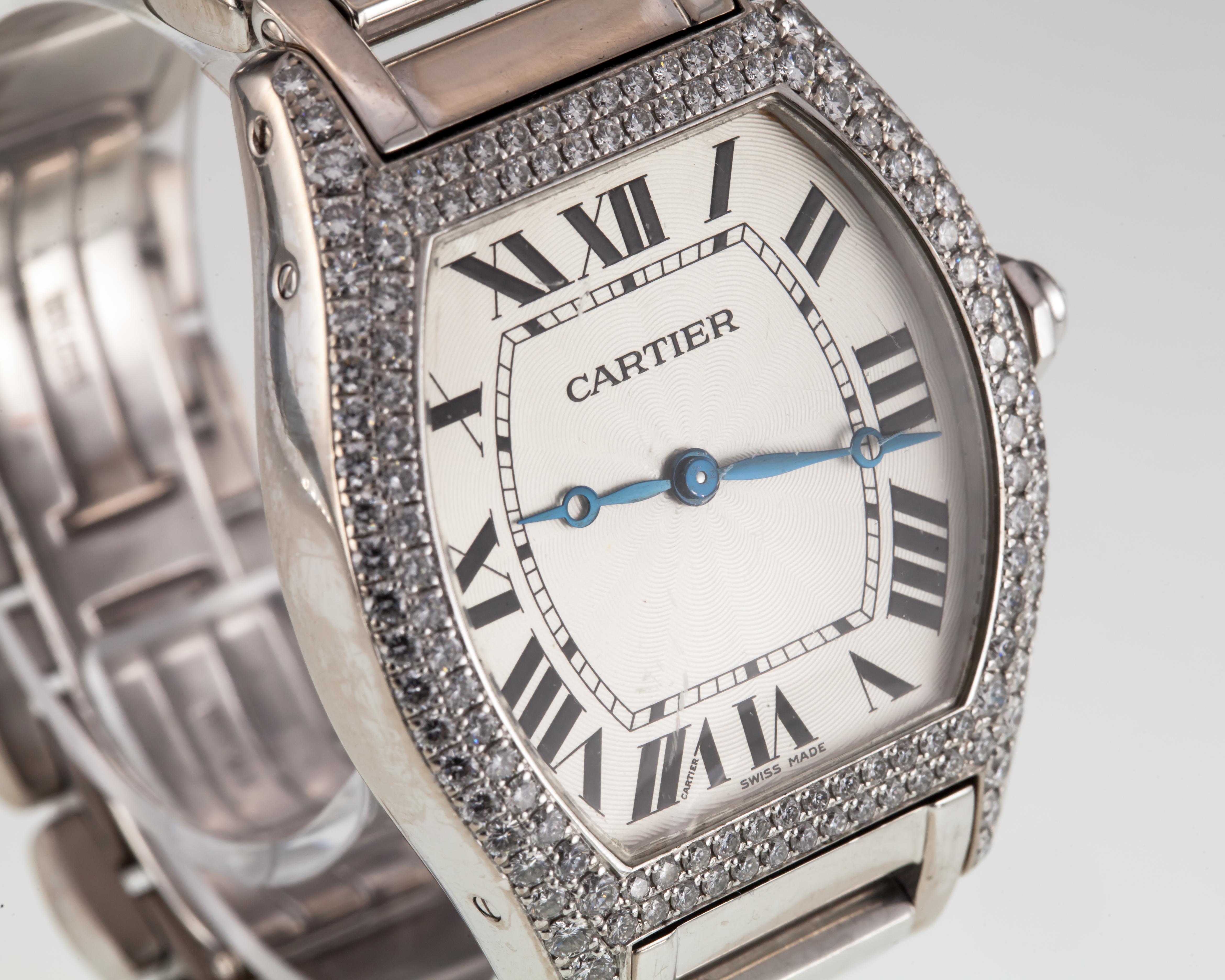 Round Cut Cartier White Gold Tortue Mechanical Watch with Factory Diamonds 2497 For Sale