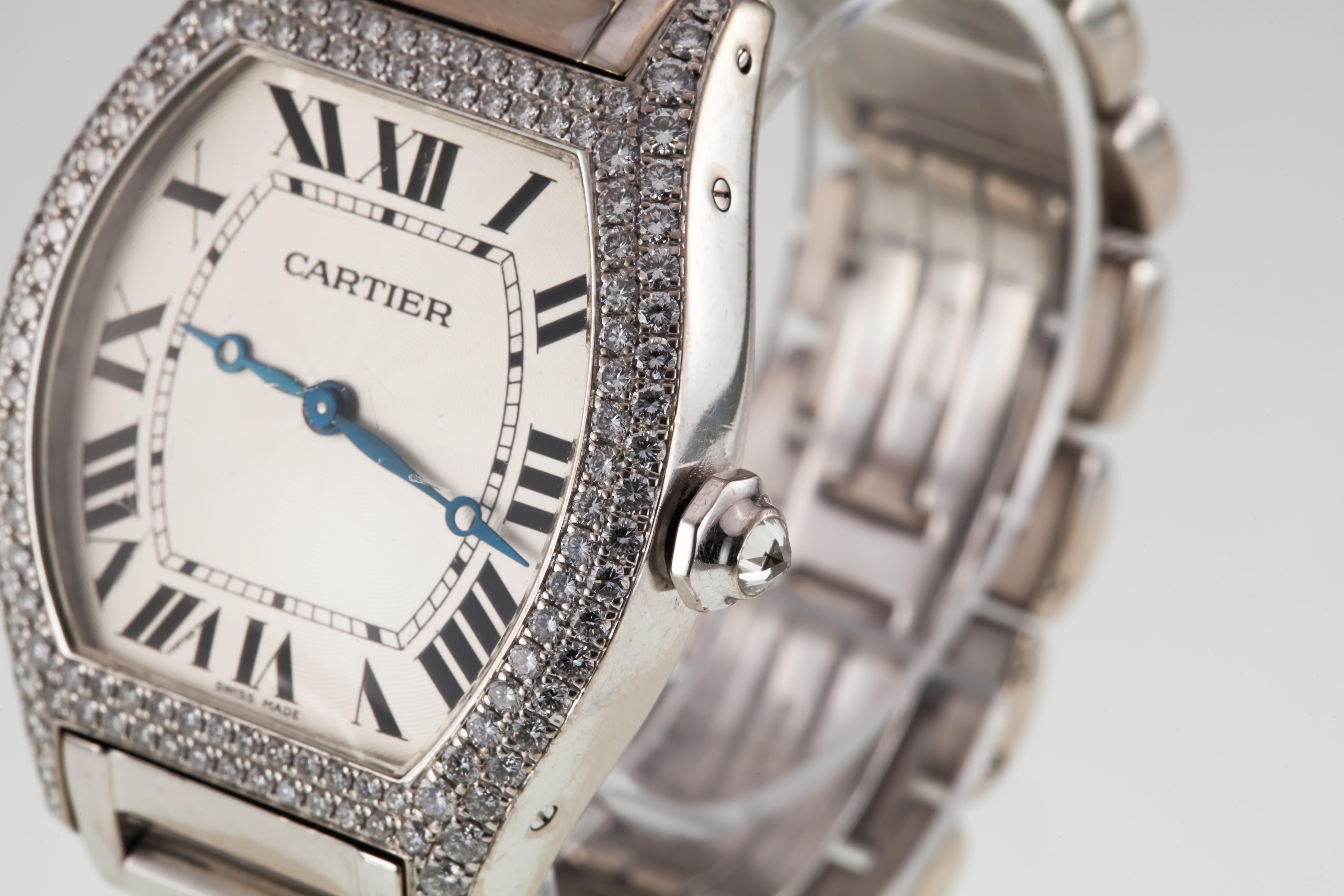 Cartier White Gold Tortue Mechanical Watch with Factory Diamonds 2497 In Good Condition For Sale In Sherman Oaks, CA