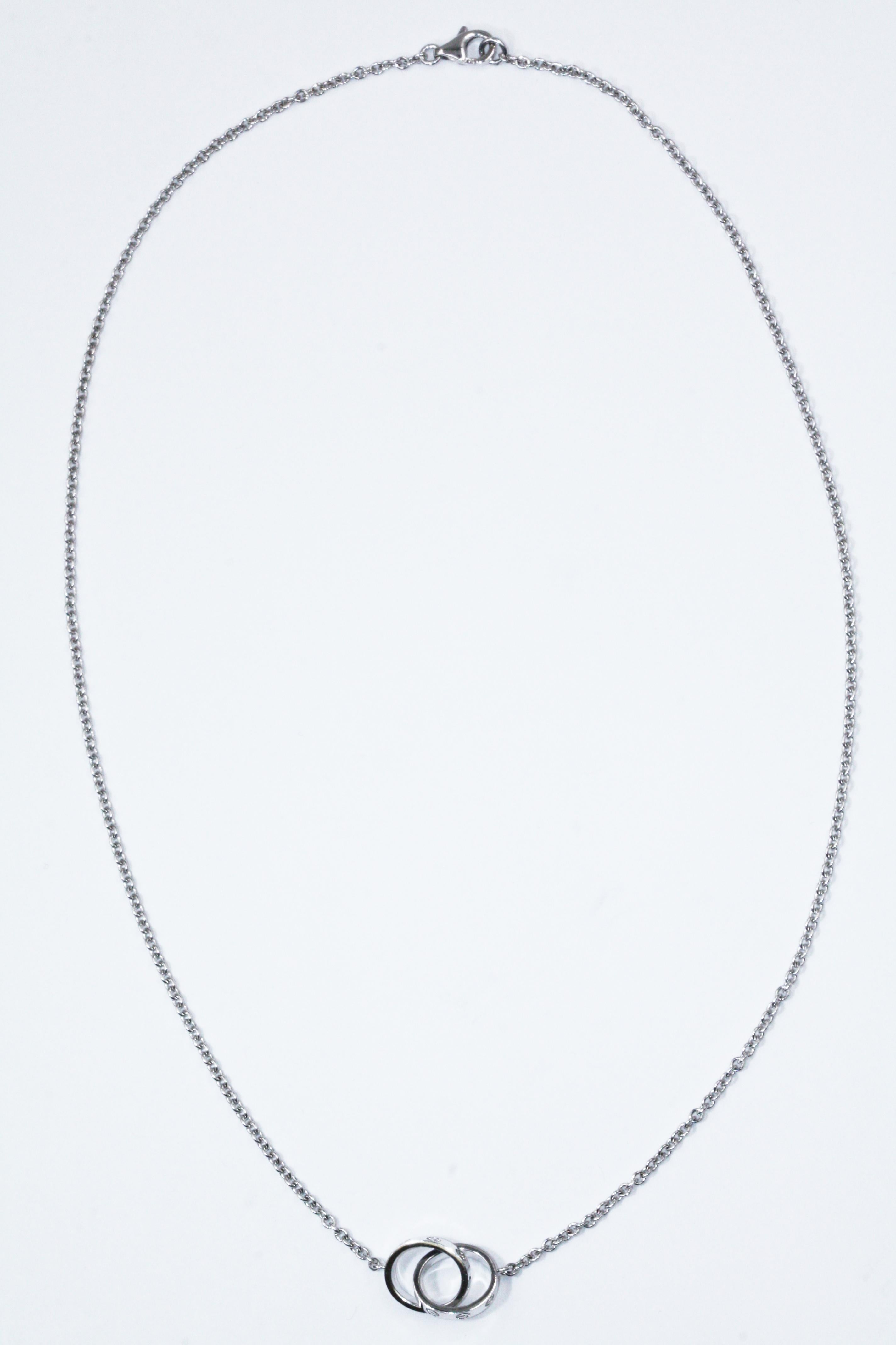A beautiful Cartier Love necklace made in 18K white gold with two circle. Re: B7212500

Weight: approximate 7.1g
Length: approximate 41cm
This item will come with a box and warranty
Stock #:ctr352