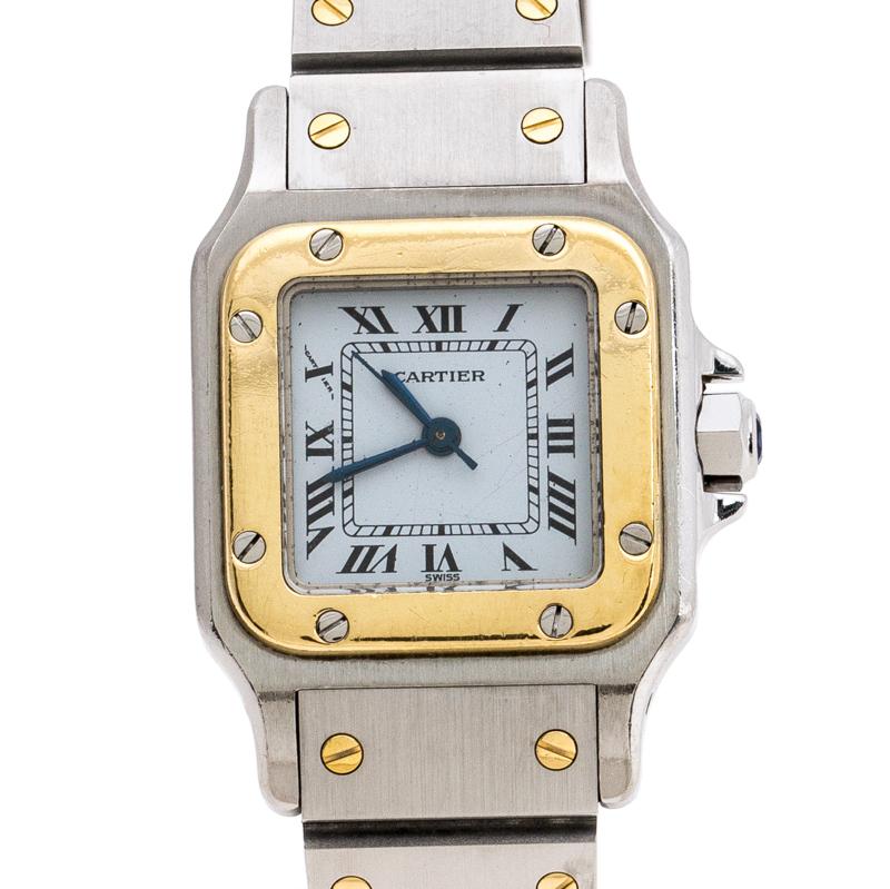 Contemporary Cartier White Stainless Steel 18K Yellow Gold Santos Galbée Women's Wristwatch 2