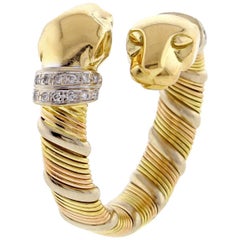 Cartier White, Yellow and Pink 18 Karat Gold Double Panthere Diamond Band Ring