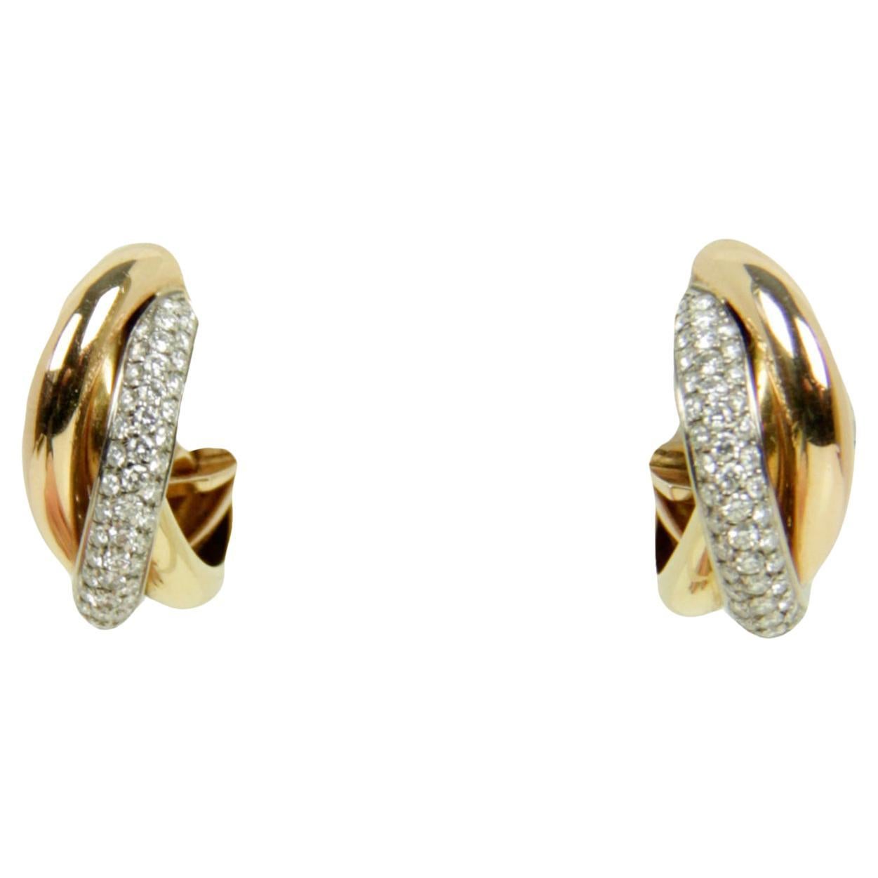 Cartier White/ Yellow & Rose 18k Gold Trinity Hoop Earrings w/ Diamonds