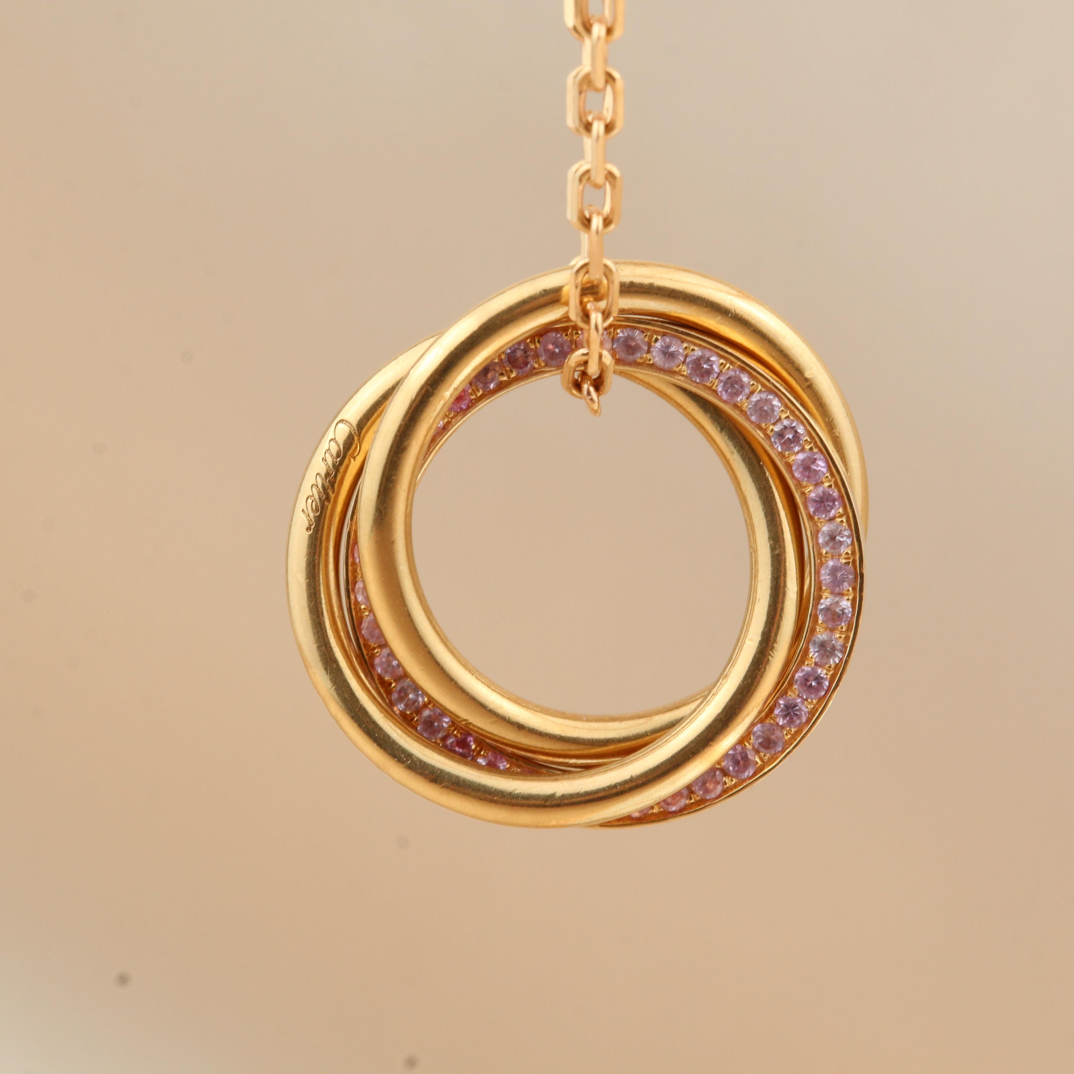 Brilliant Cut Cartier White, Yellow, Rose Gold and Pink Sapphire Trinity Pendant Necklace