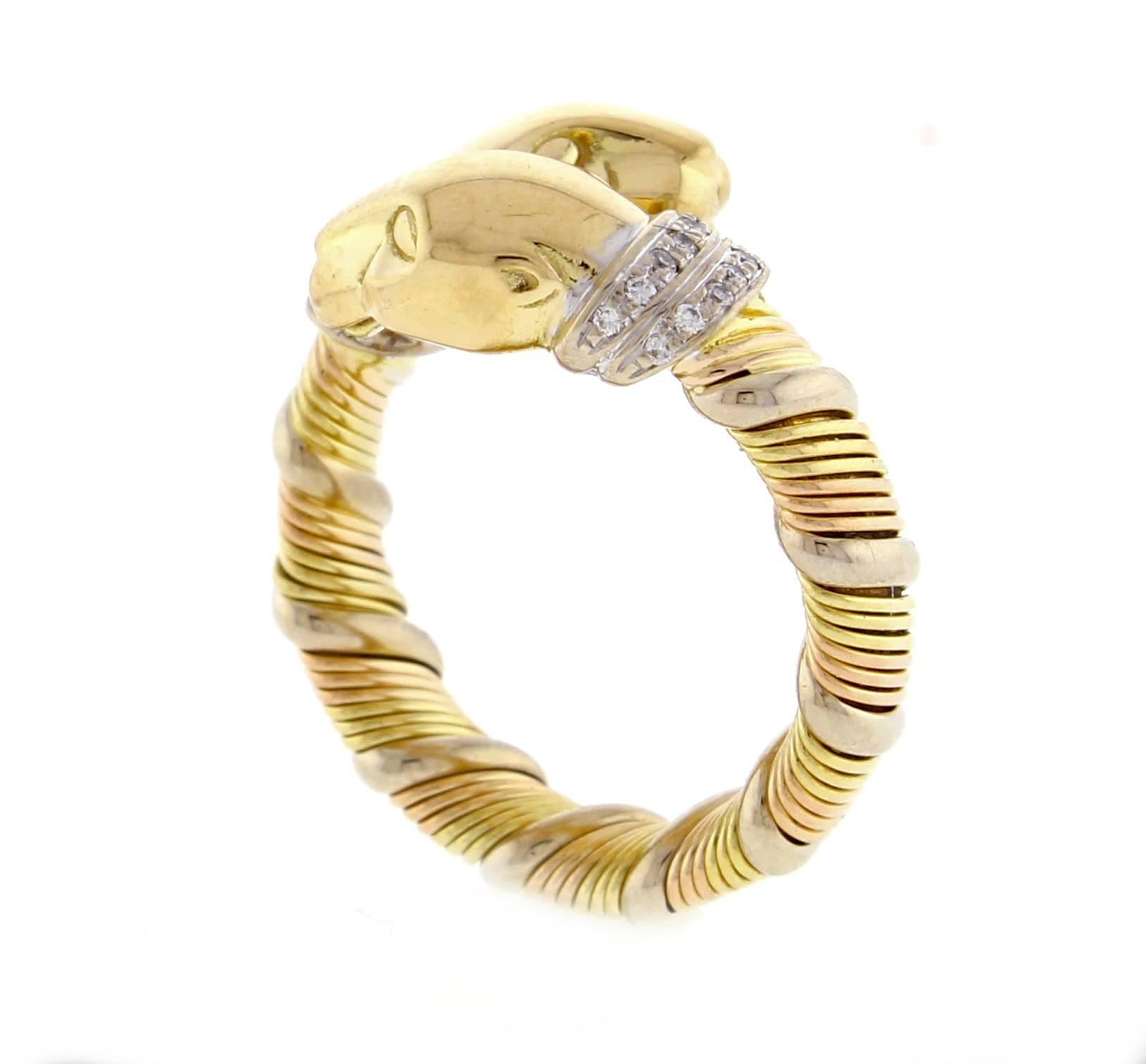 Women's or Men's Cartier White, Yellow and Pink 18 Karat Gold Double Panthere Diamond Band Ring