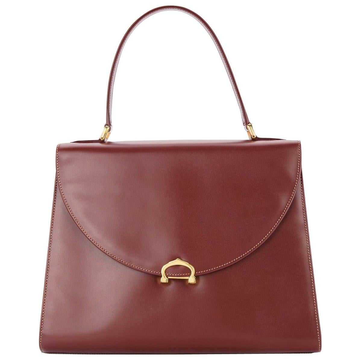 Cartier Wine Burgundy Leather Gold Charm Logo Kelly Style Top Handle Satchel Bag