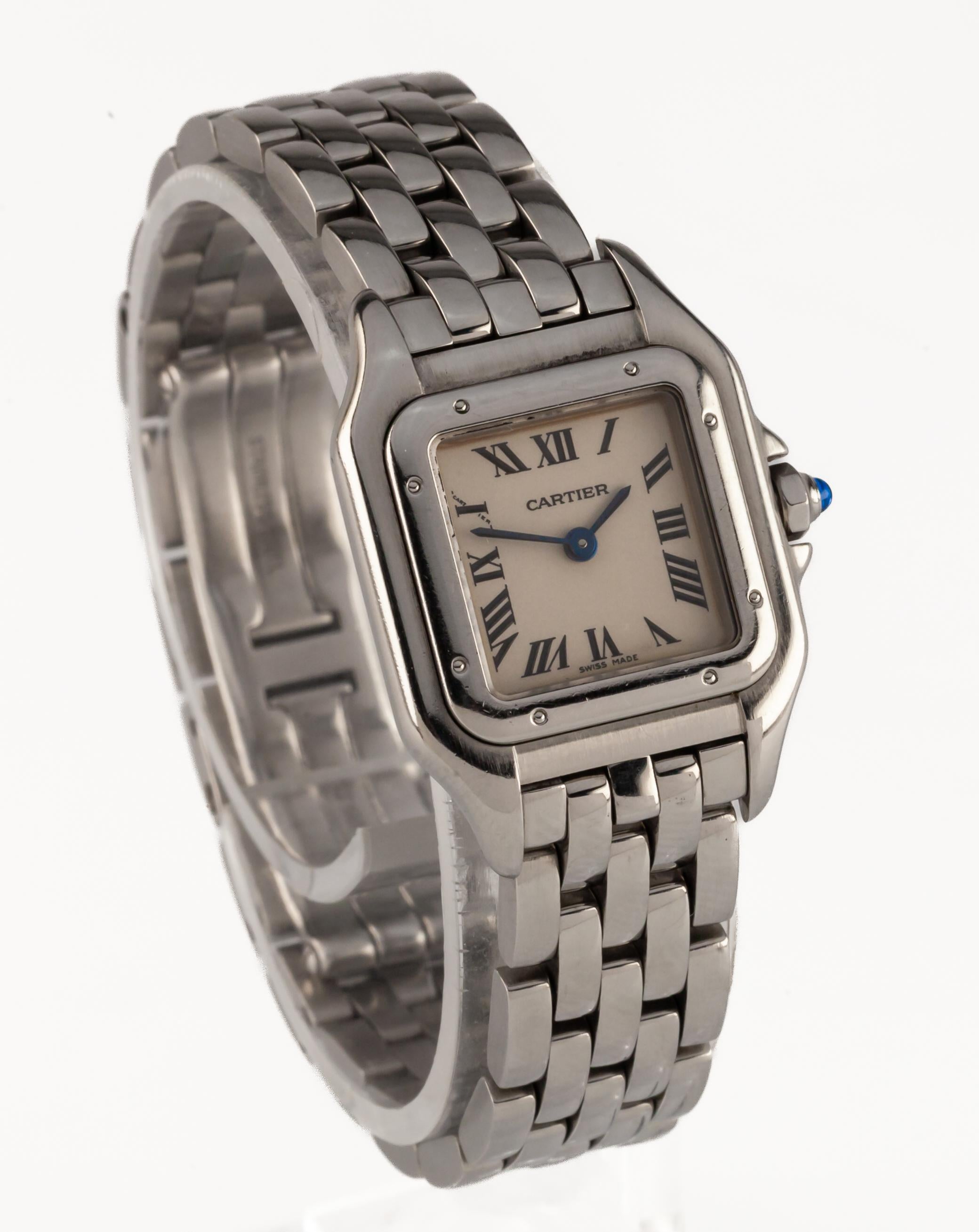 Cartier Women's Stainless Steel Panthere Quartz Watch Serviced 1320
Movement #157
Case #6369744F
Model #1320

Stainless Steel Square Case
22 mm Wide (25 mm w/ Crown)
22 mm Long
Lug-to-Lug Distance = 30 mm
Lug-to-Lug Width = 12 mm
Thickness = 5