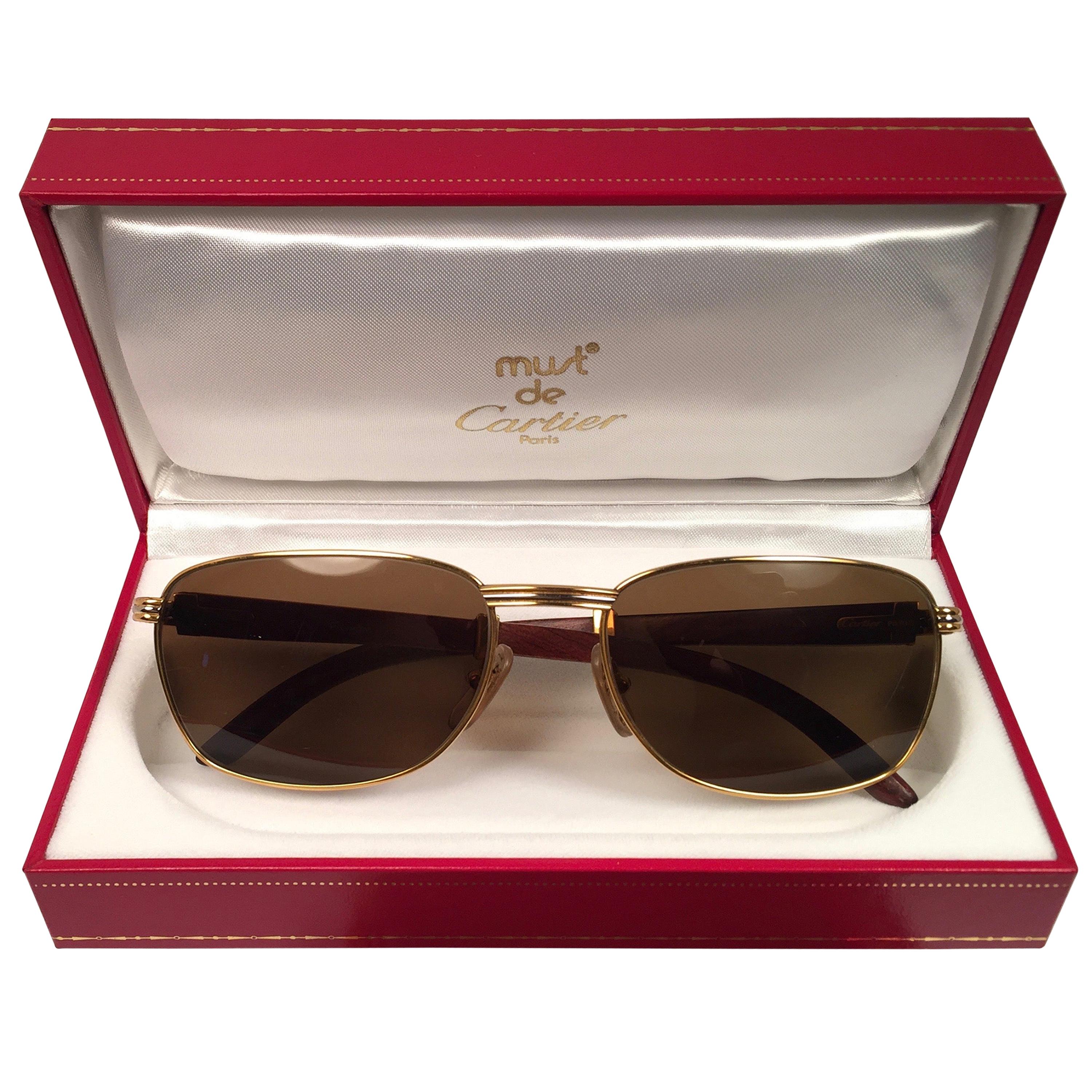 Cartier Wood Amboise 56mm Gold and Precious Wood Brown Lens Sunglasses 
