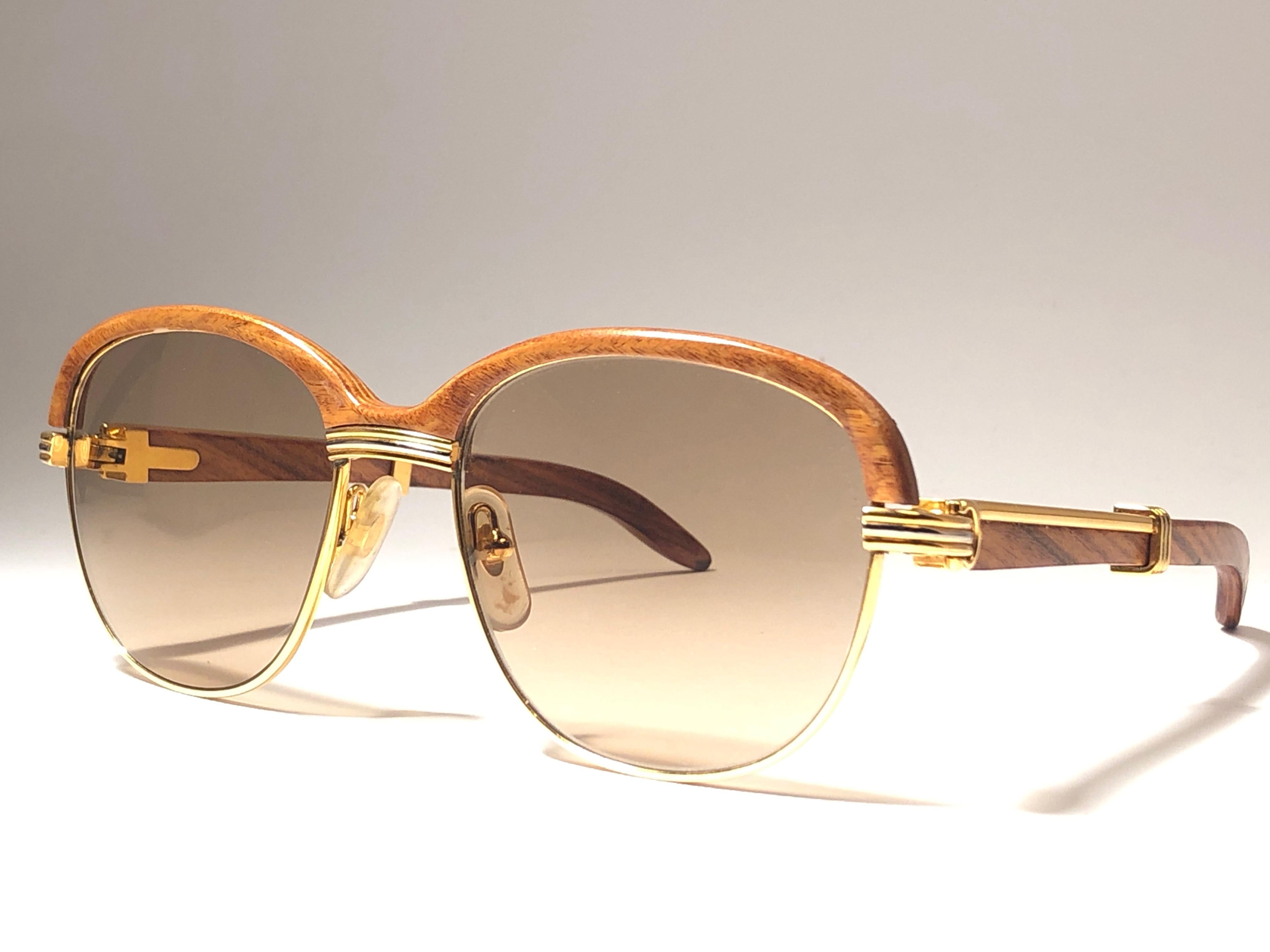 Brown Cartier Wood Malmaison Precious Banana Light Wood and Gold 56mm Sunglasses 