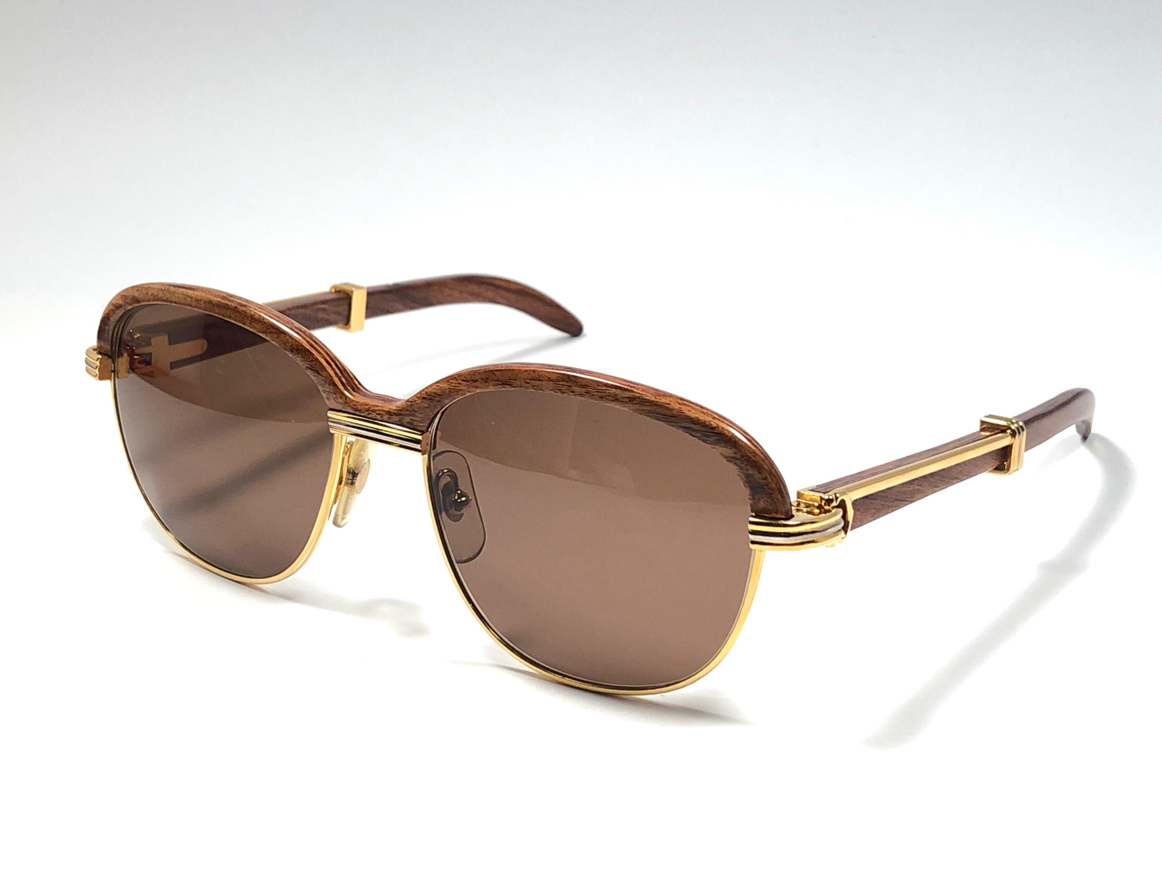 Gray Cartier Wood Malmaison Precious Light Wood and Gold 54mm Sunglasses 