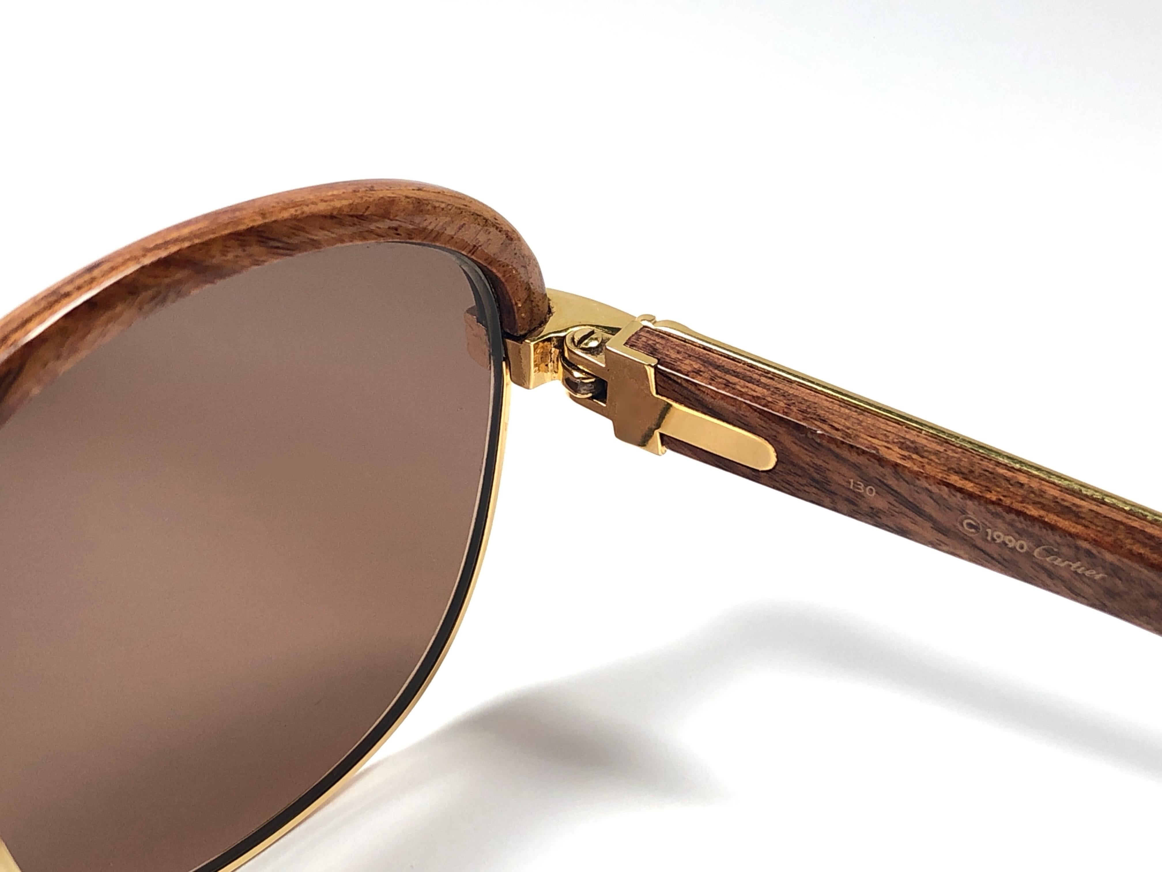 Women's or Men's Cartier Wood Malmaison Precious Light Wood and Gold 54mm Sunglasses 