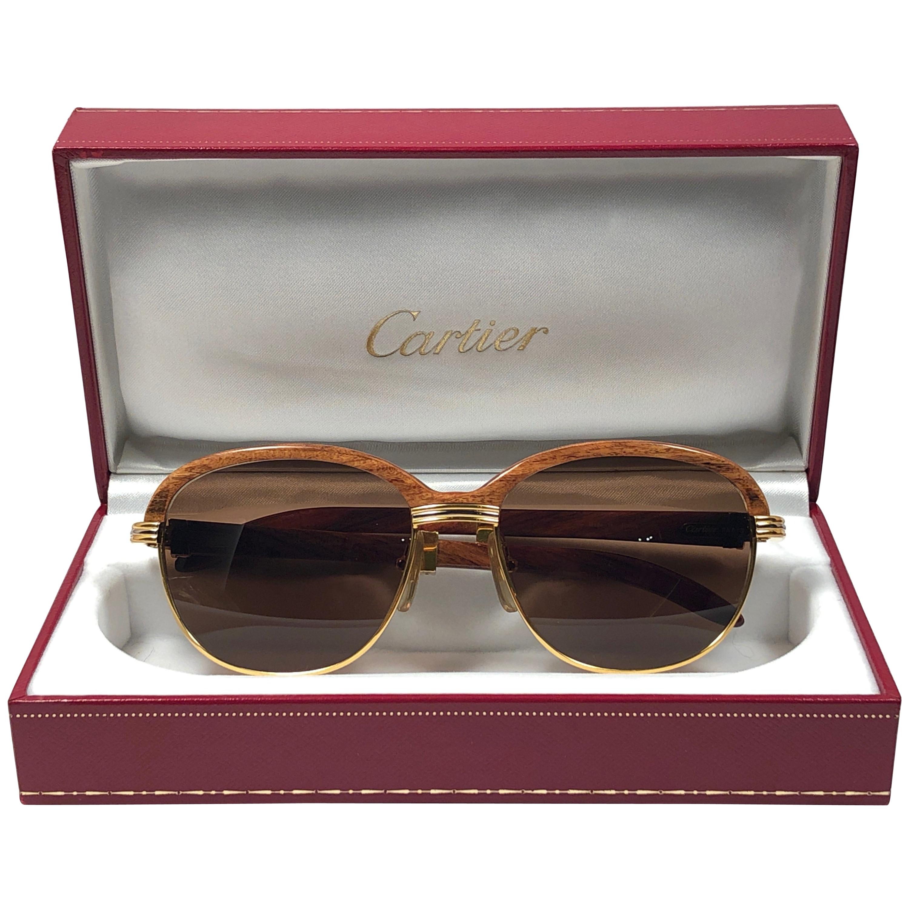 Cartier Wood Malmaison Precious Light Wood and Gold 54mm Sunglasses 