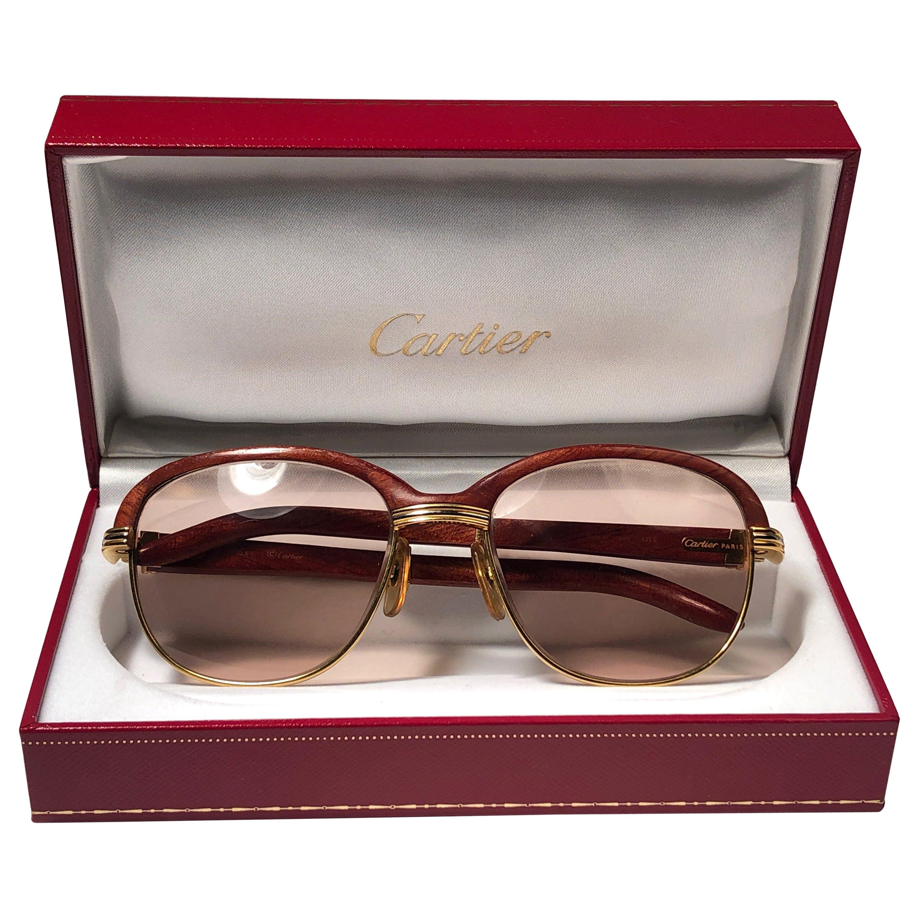 Cartier Wood Malmaison Precious Wood and Gold 56mm Sunglasses 
