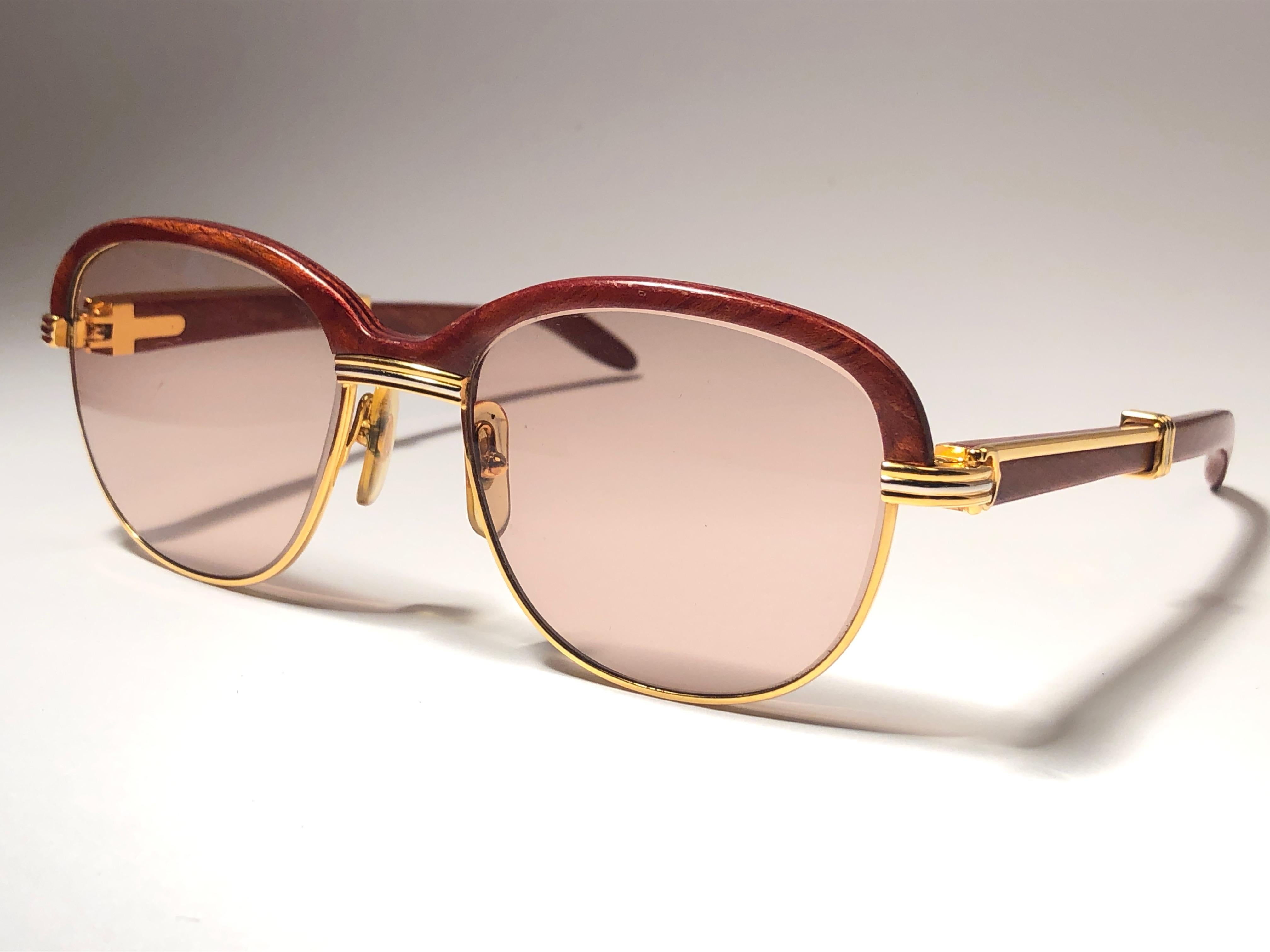 Brown Cartier Wood Malmaison Precious Wood Palisander and Gold 56mm Sunglasses 