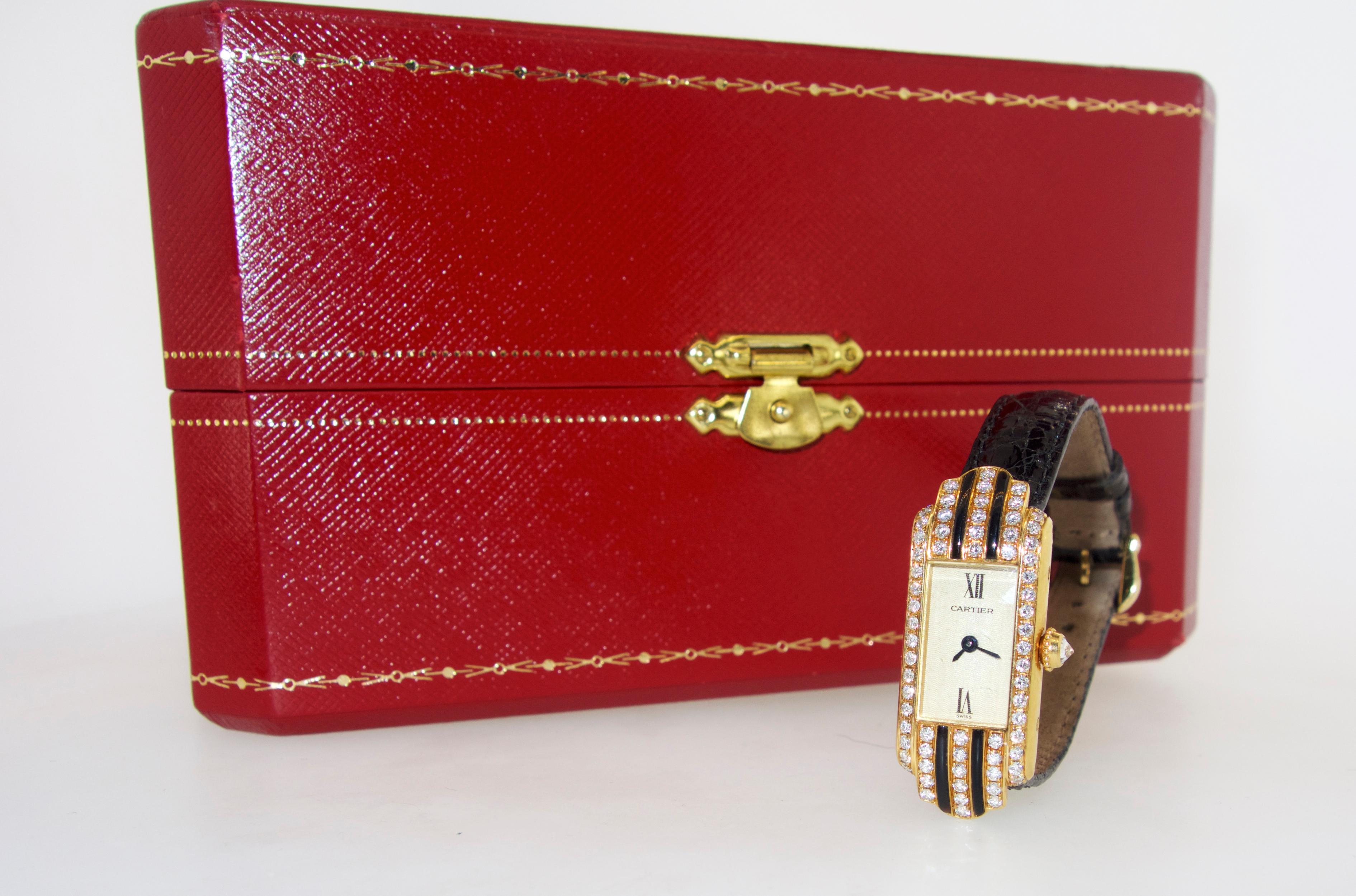 Contemporary Cartier Wristwatch with Diamonds and Black Enamel