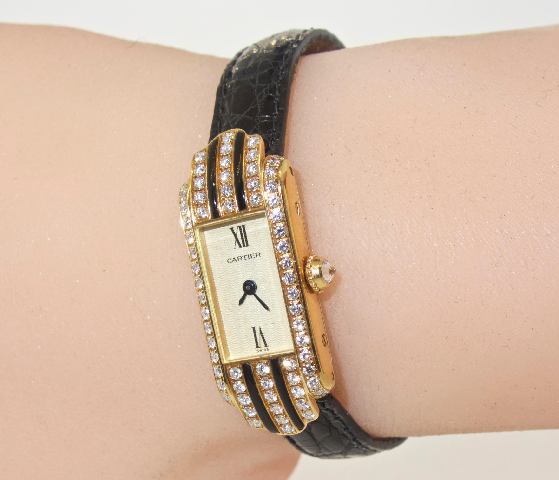 Cartier Wristwatch with Diamonds and Black Enamel 2