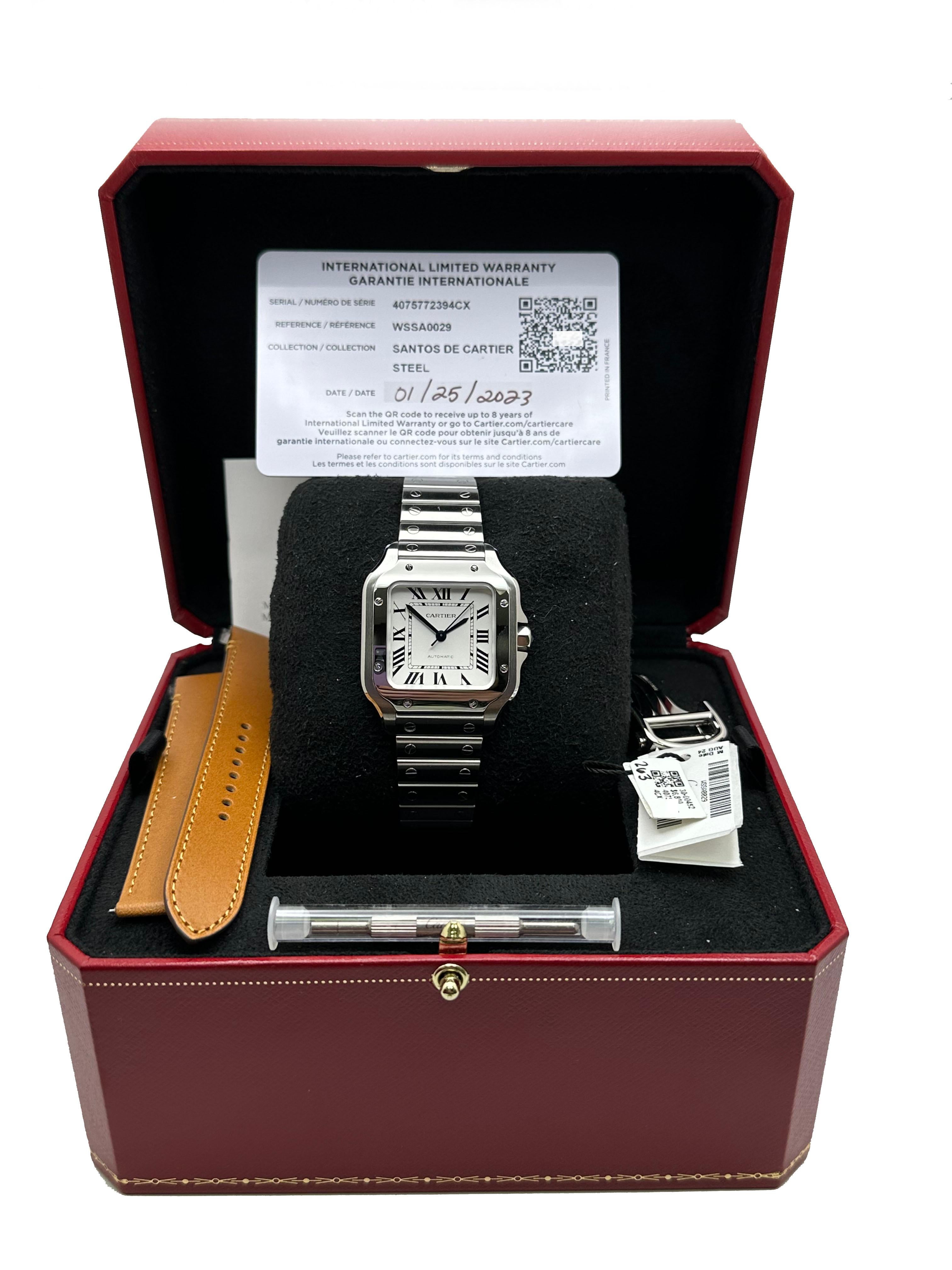Cartier WSSA0029 Ref 4075 Santos Medium Stainless Steel Box Paper 2023 In Excellent Condition In San Diego, CA