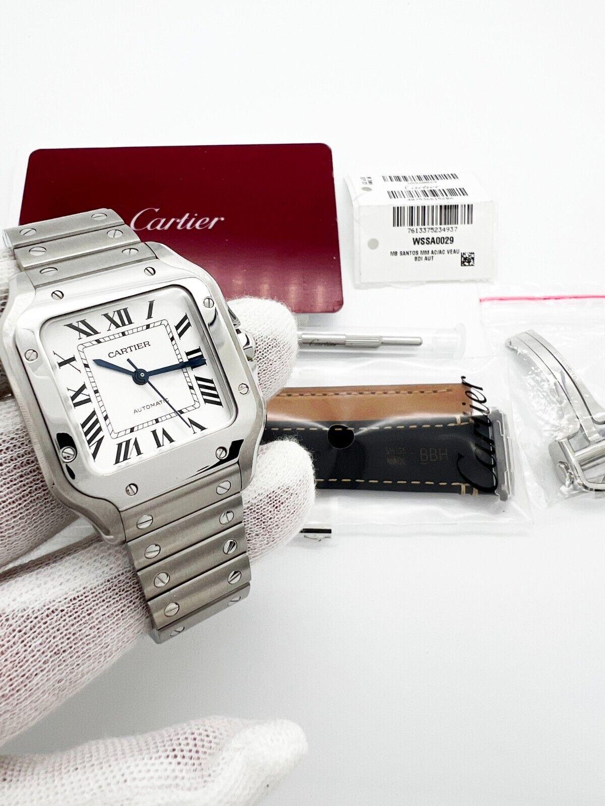 Style Number: WSSA0029 / Ref 4075

Year: 2022
 
Model: Santos - Medium
 
Case Material: Stainless Steel 
 
Band: Stainless Steel
 
Bezel:  Stainless Steel
 
Dial: Silver
 
Face: Sapphire Crystal 
 
Case Size: 35.1 mm x 41.9 mm
 
Includes: 
-Cartier