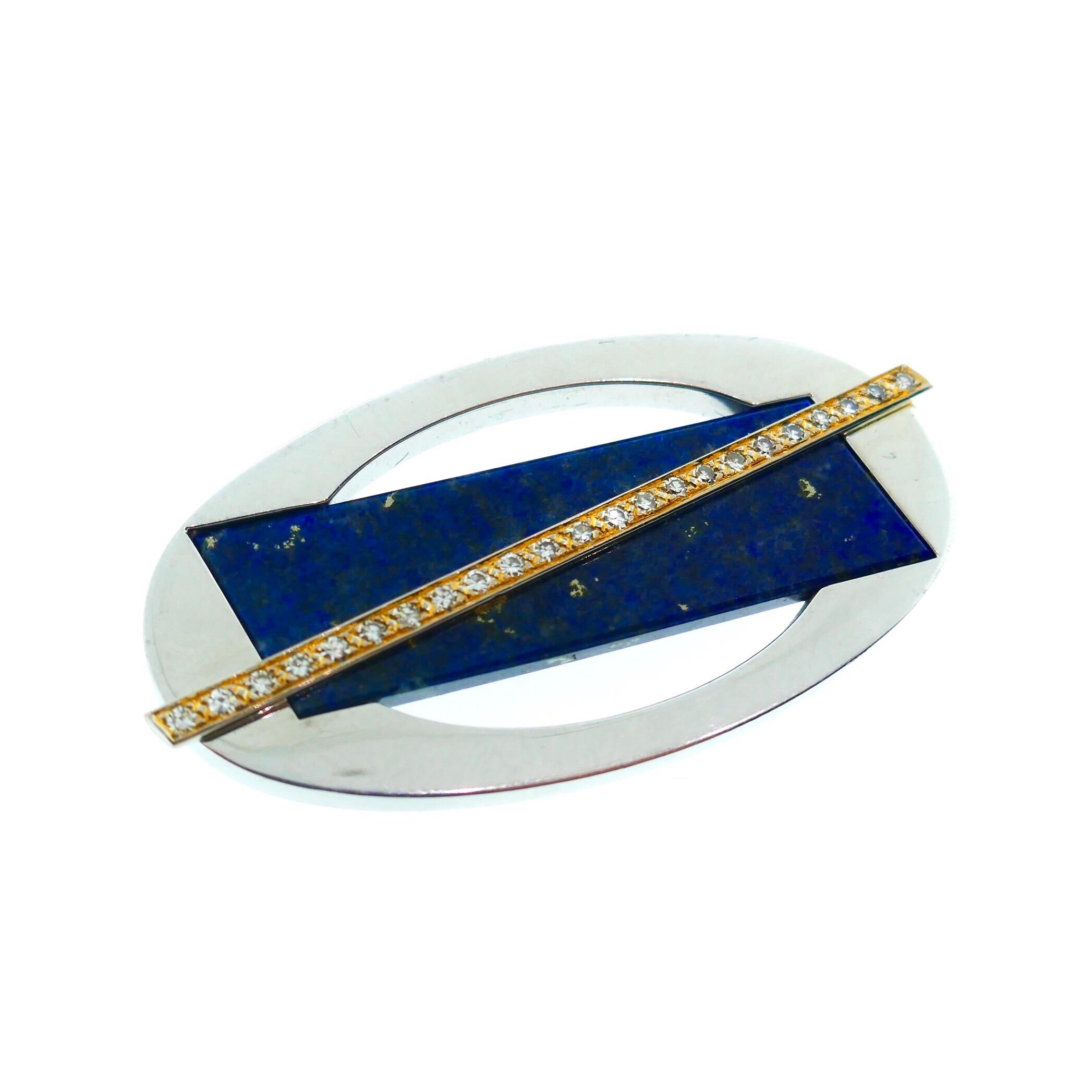 Cartier 18K Yellow and White Gold, Diamond, and Lapis Brooch with Original Box 

This is an absolutely stunning vintage Cartier brooch with the original box. The brooch features a classic modernist motif in amazing detail. There is almost one carat