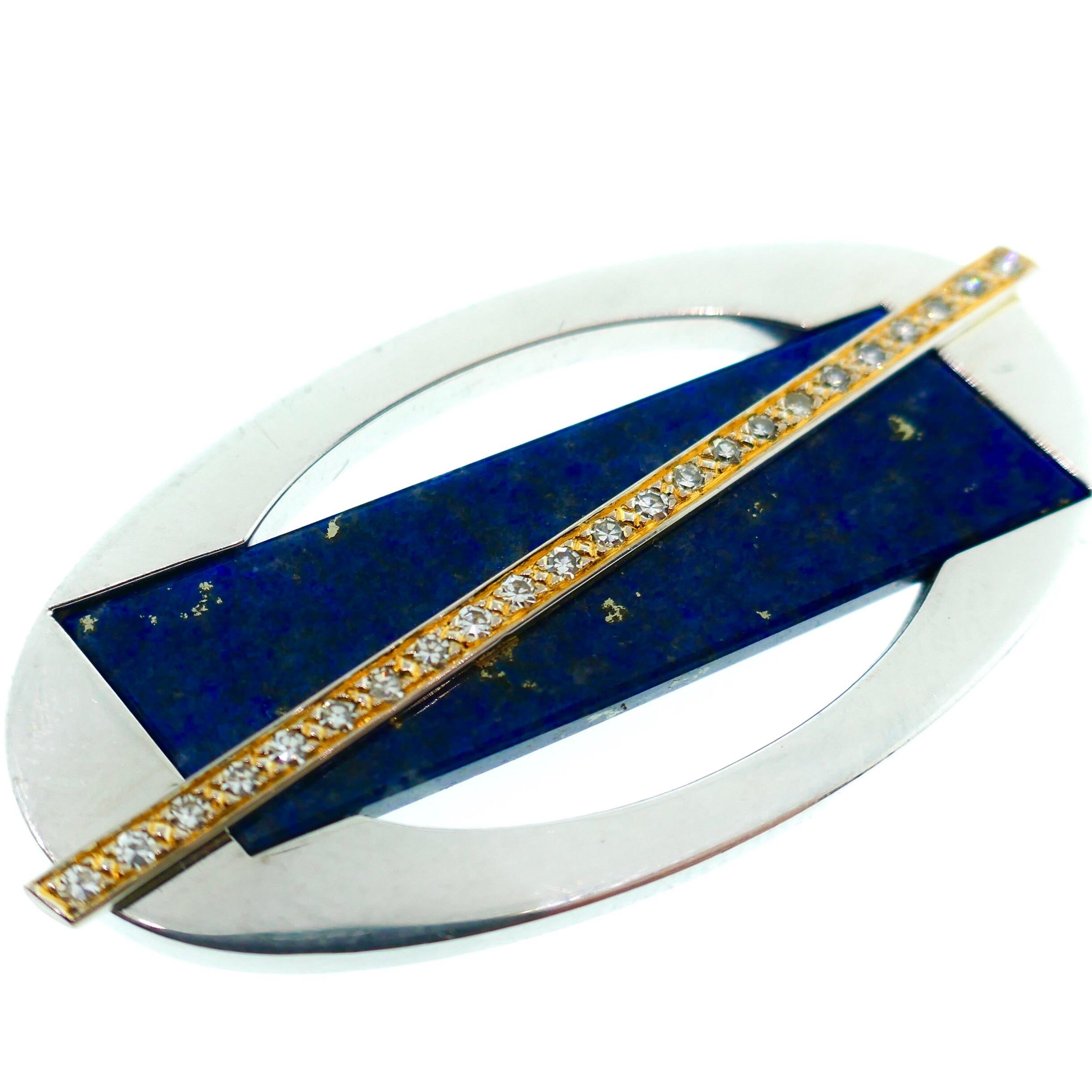 Women's or Men's Cartier Yellow and White Gold Diamond and Lapis Brooch For Sale