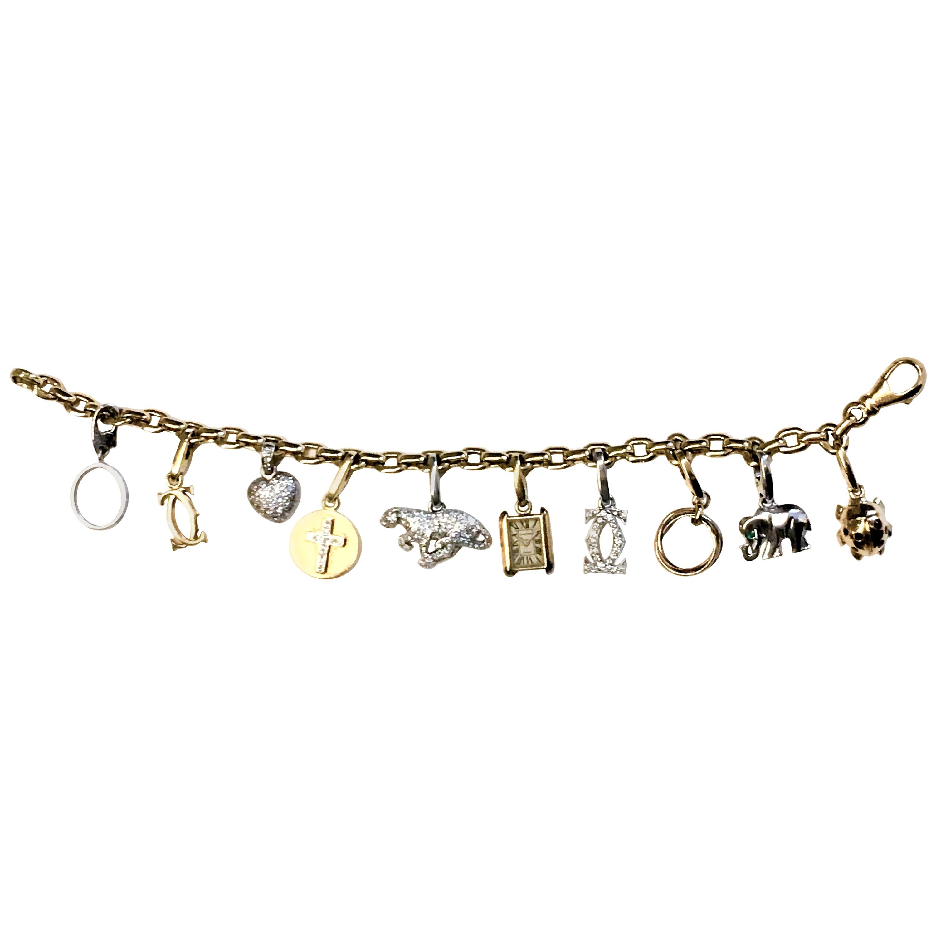 Cartier Yellow and White Gold Diamond Charm Bracelet For Sale