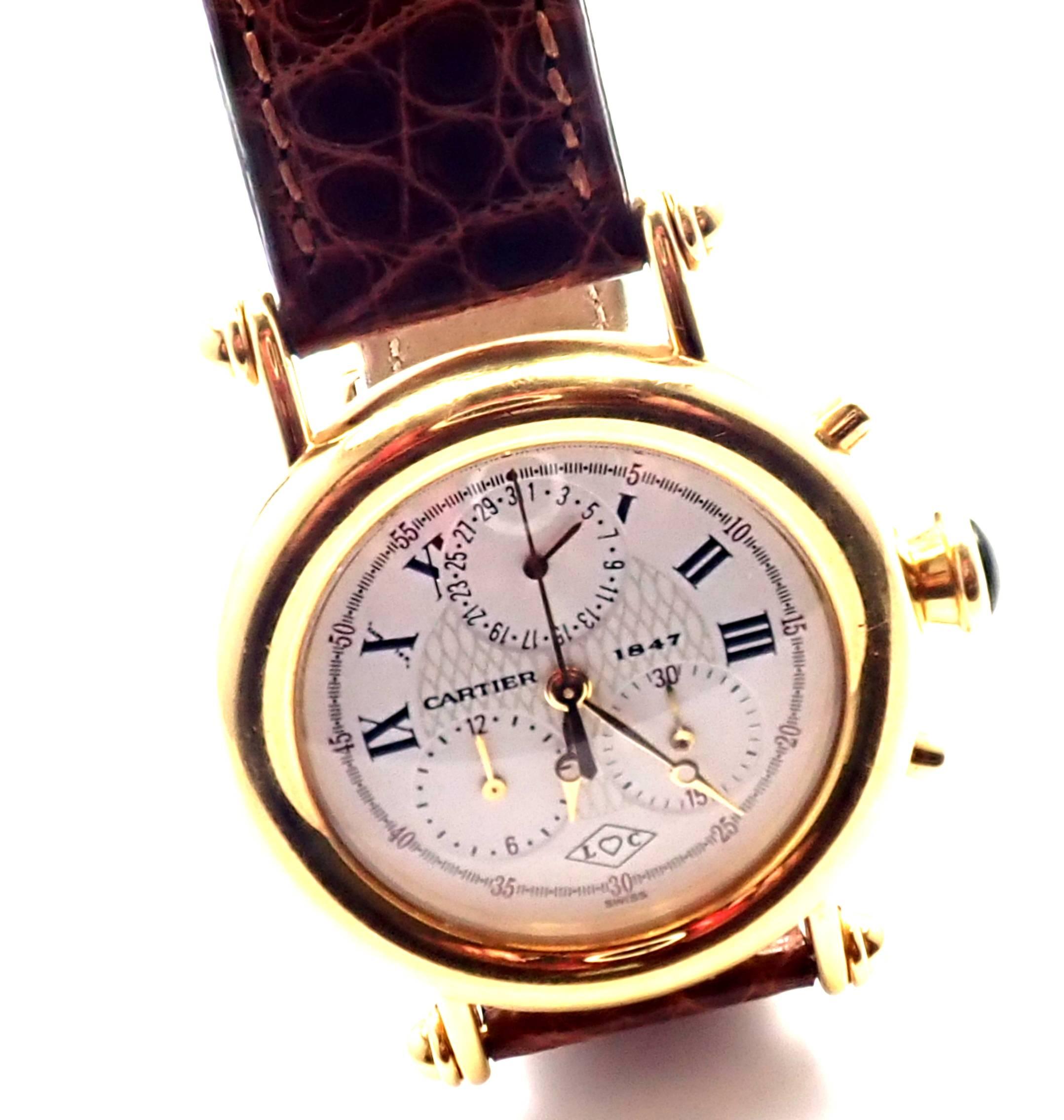 18k Yellow Gold 1847 Diabolo Chronograph Quartz Wristwatch by Cartier. 
Cartier Diabolo 1400 Chronograph 18k yellow gold. 
32mm yellow gold case. 
Cream dial with gold subdials and markers. 
Original Cartier brown leather band with 18k yellow gold