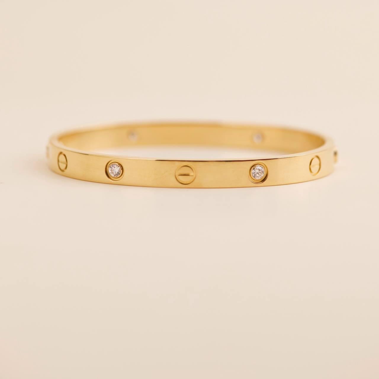 Brilliant Cut Cartier Yellow Gold 4 Diamond Love Bracelet Size 18 For Sale