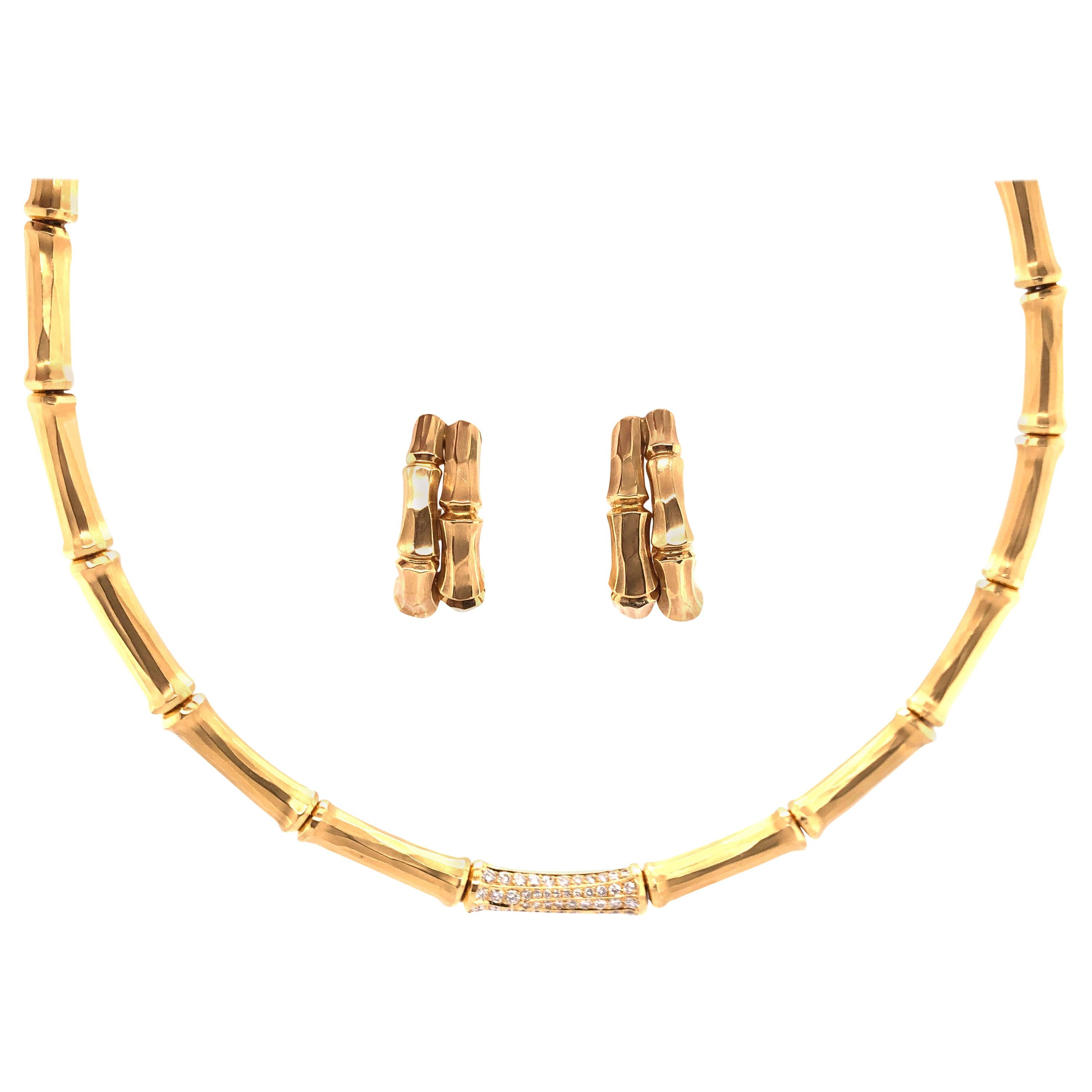 Cartier Yellow Gold and Diamond Bamboo Necklace and Earrings Set