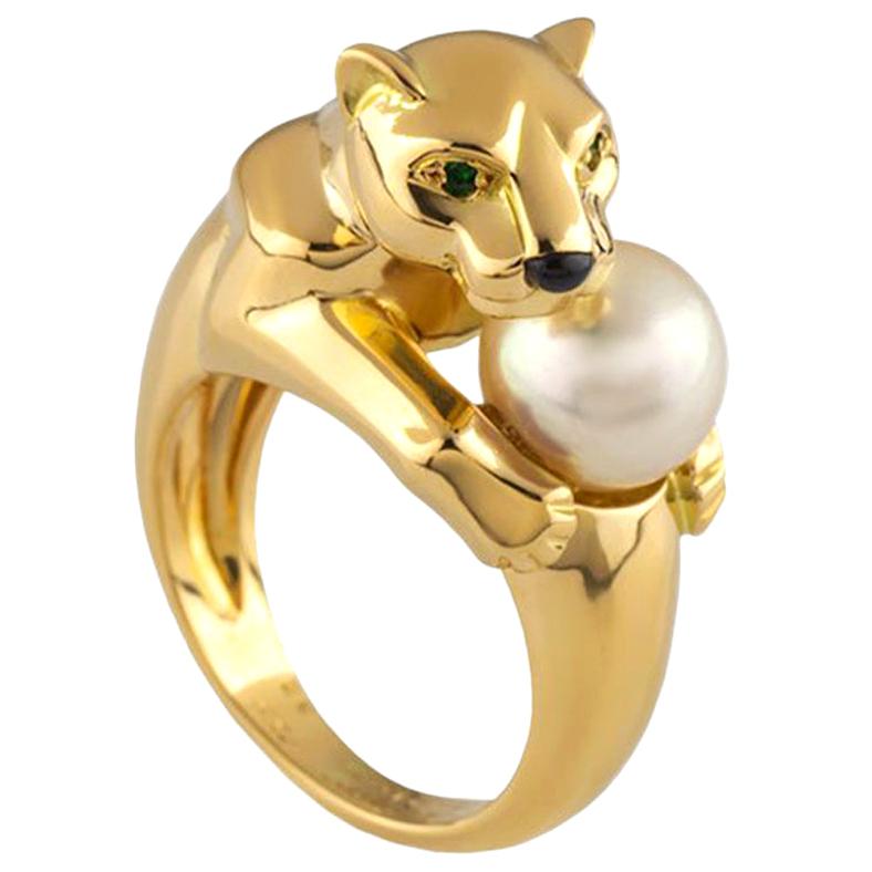 Cartier Yellow Gold and Pearl Panthere Ring with Emerald Eyes