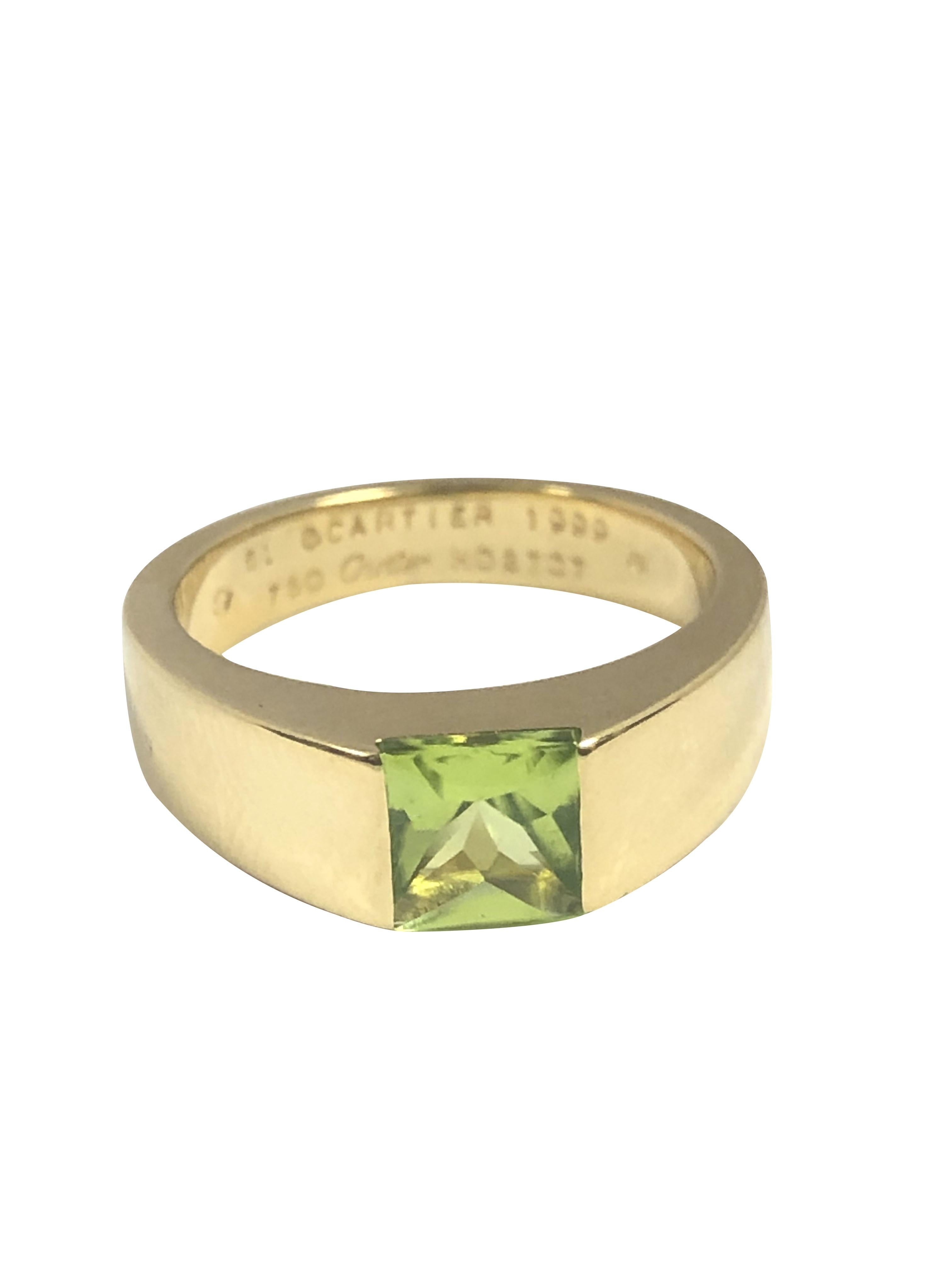 Cushion Cut Cartier Yellow Gold and Peridot Tank Ring