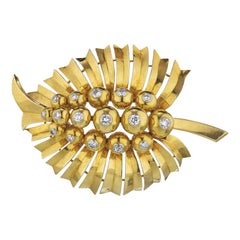 Cartier Yellow Gold Art Deco Leaf Foliage Diamond Brooch