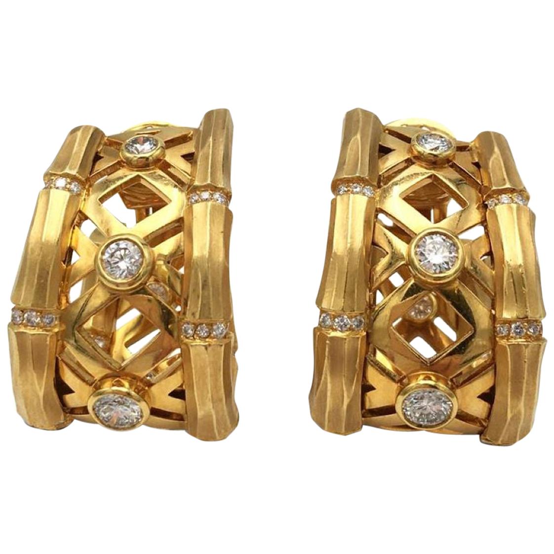 Cartier Yellow Gold Bamboo and Diamond Earrings