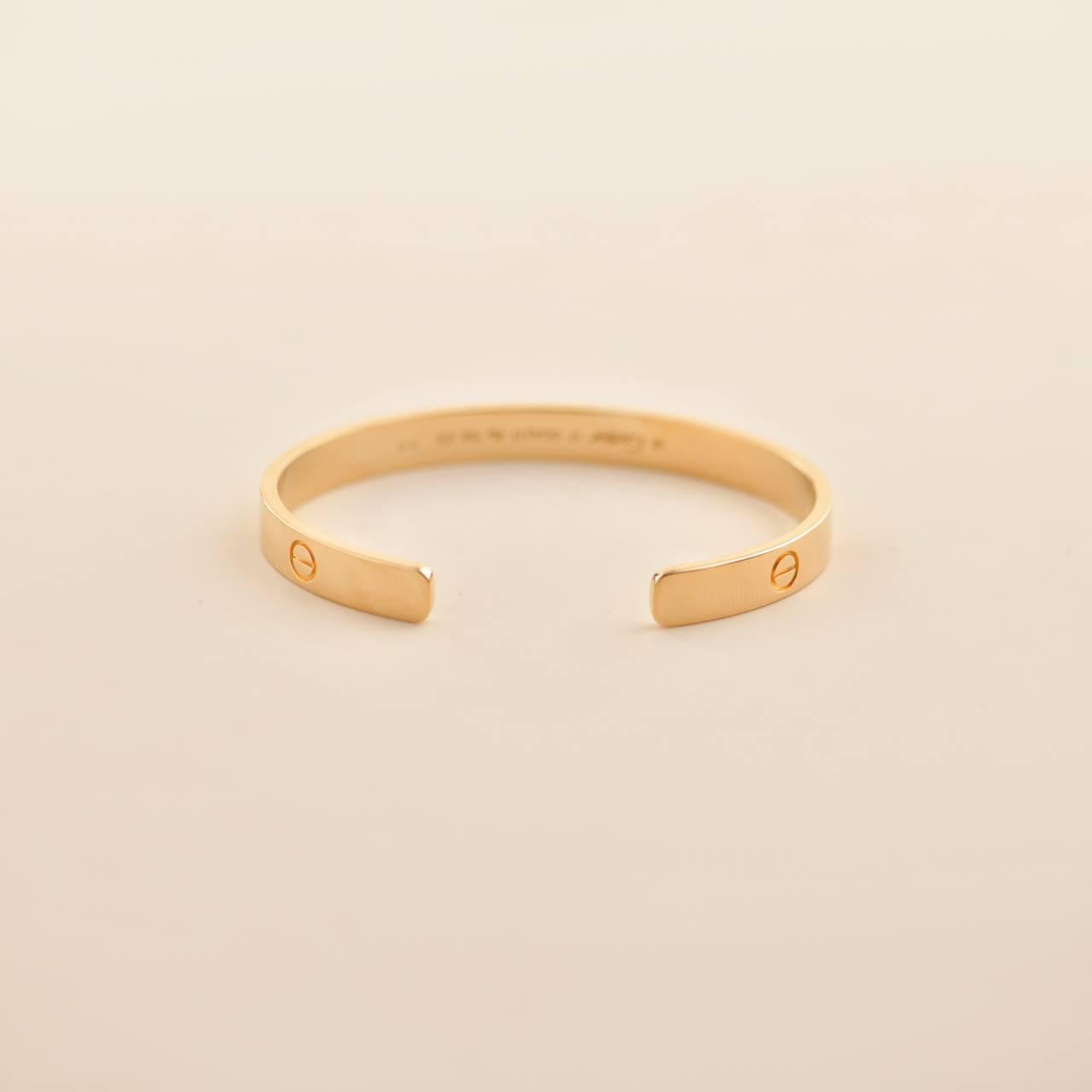 Cartier Yellow Gold Cuff Love Bracelet Size 17 In Excellent Condition For Sale In Banbury, GB
