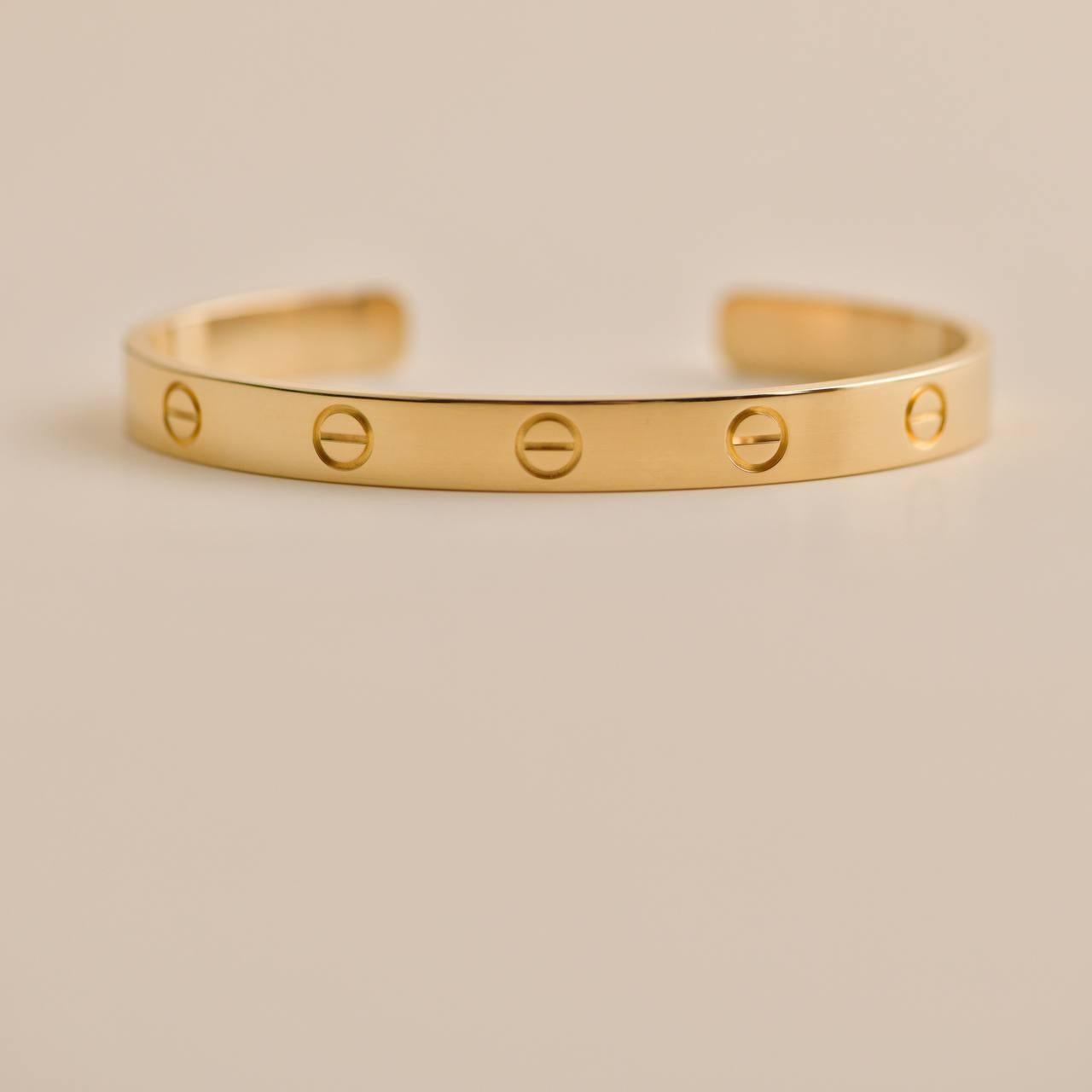 Women's or Men's Cartier Yellow Gold Cuff Love Bracelet Size 17 For Sale