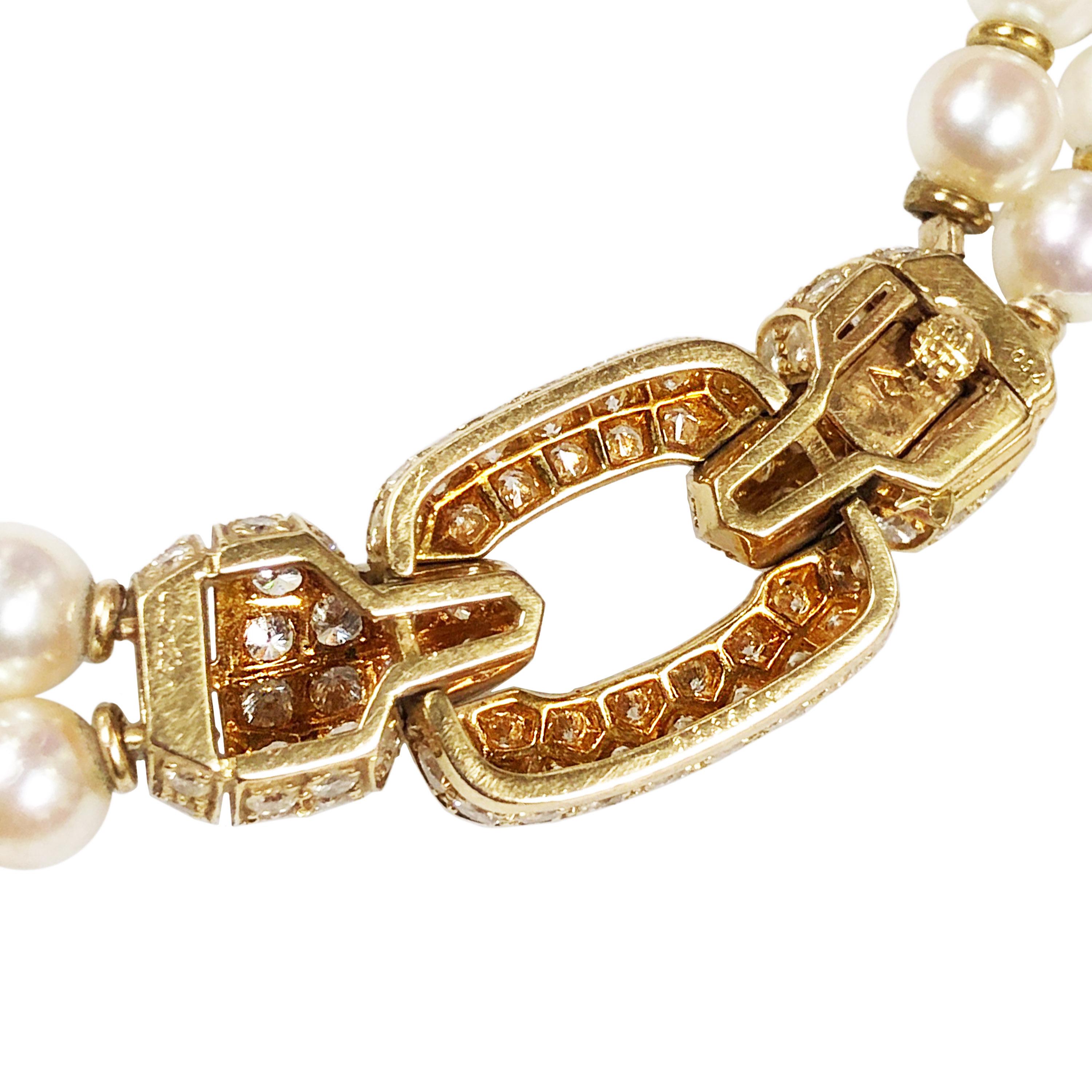 Cartier Yellow Gold Diamond and Double Strand Pearl Necklace In Excellent Condition In Chicago, IL