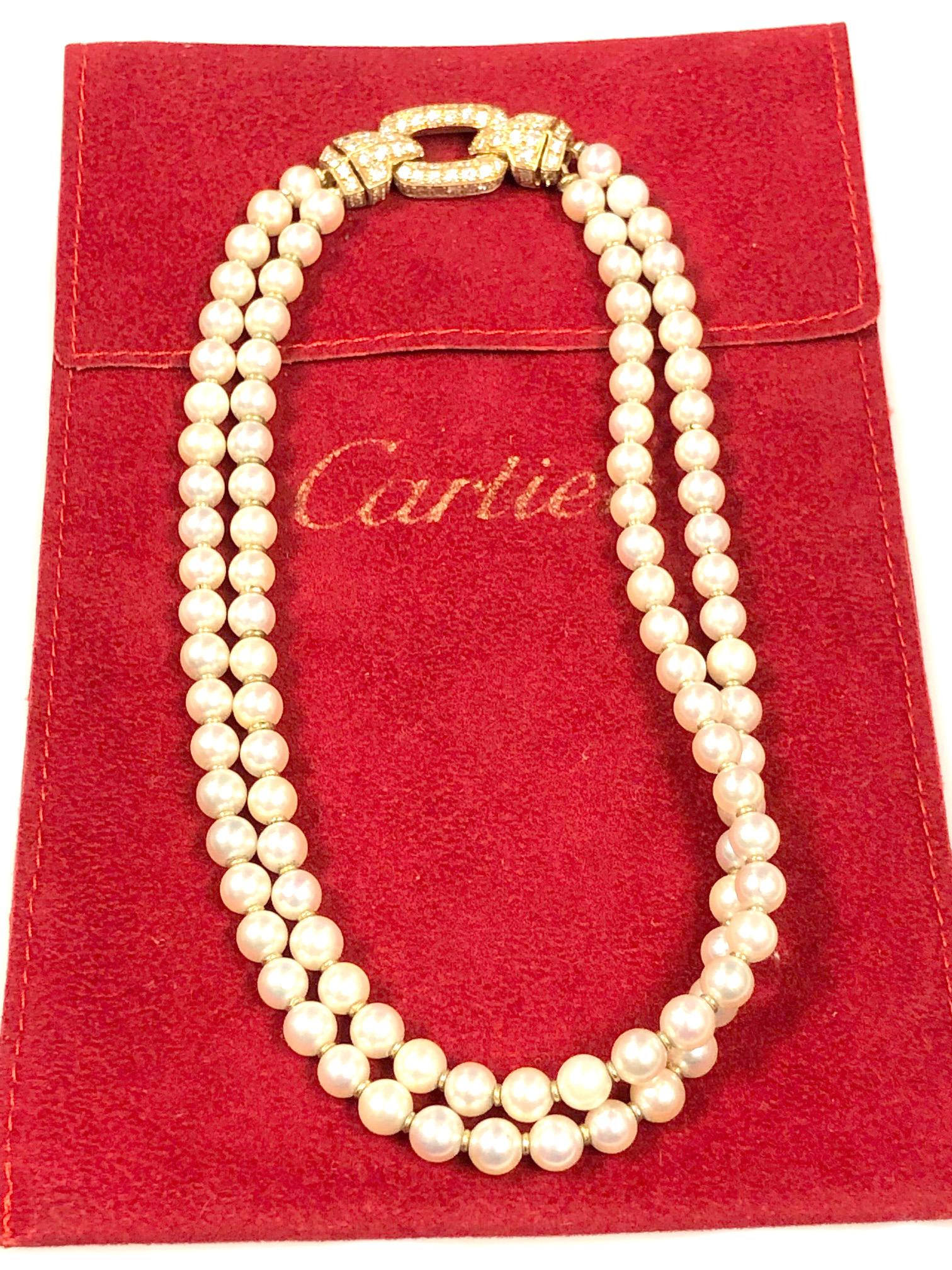 Cartier Yellow Gold Diamond and Double Strand Pearl Necklace 1