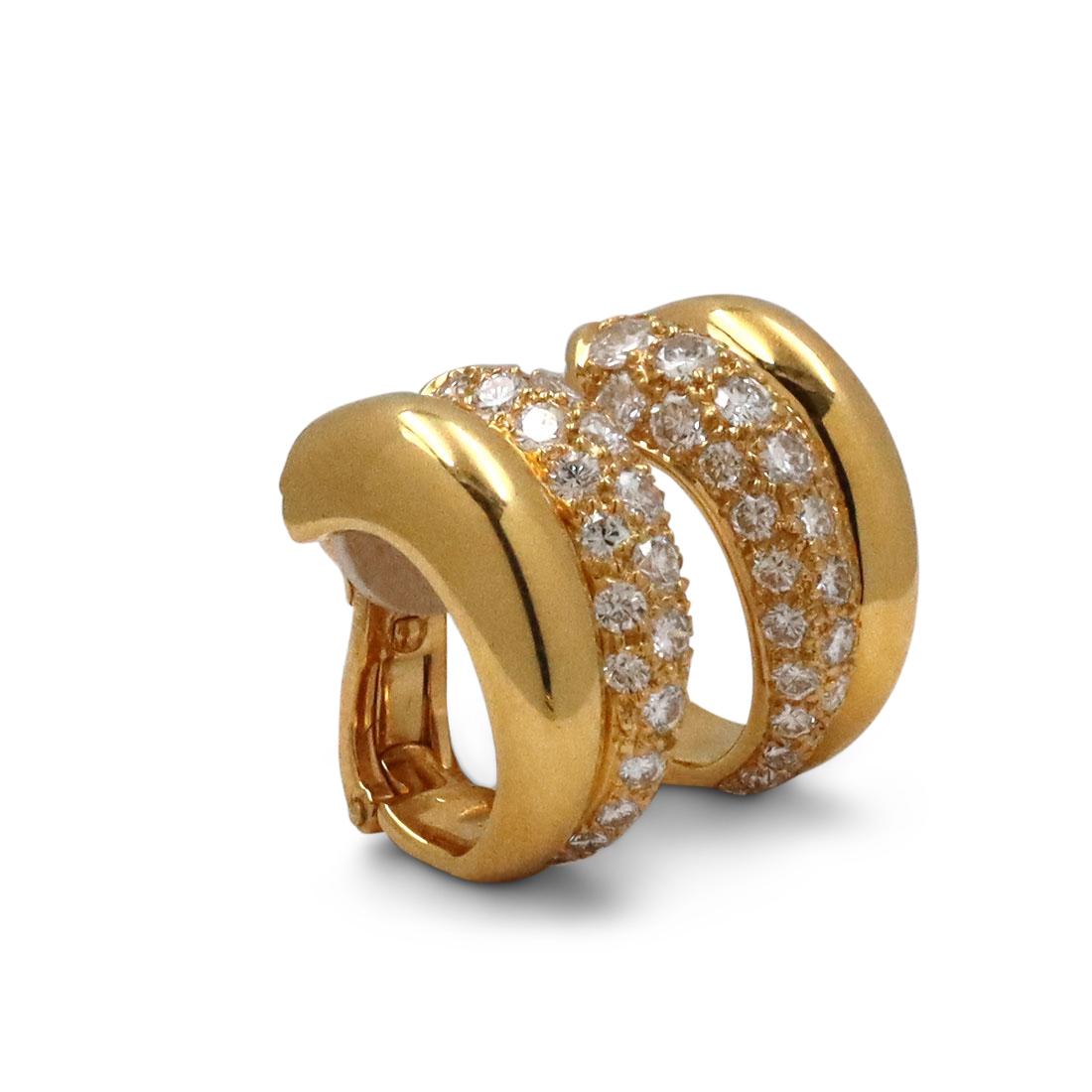 Round Cut Cartier Yellow Gold Diamond Double Hoop Earrings