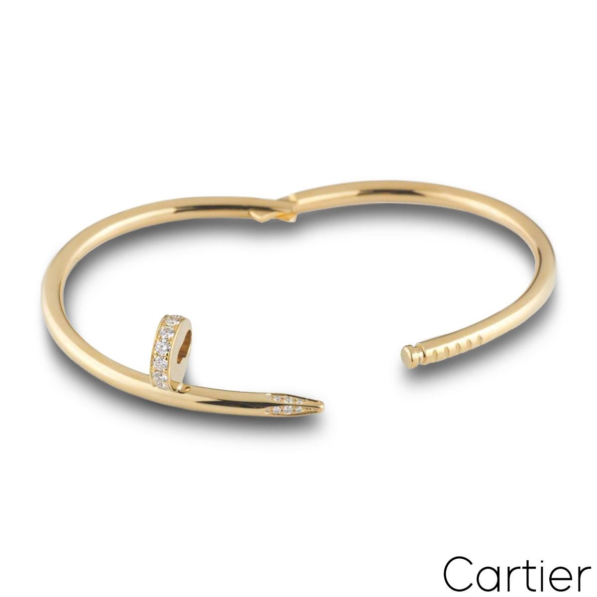 Round Cut Cartier Yellow Gold Diamond Juste Un Clou Bracelet Size 17 B6048617 For Sale