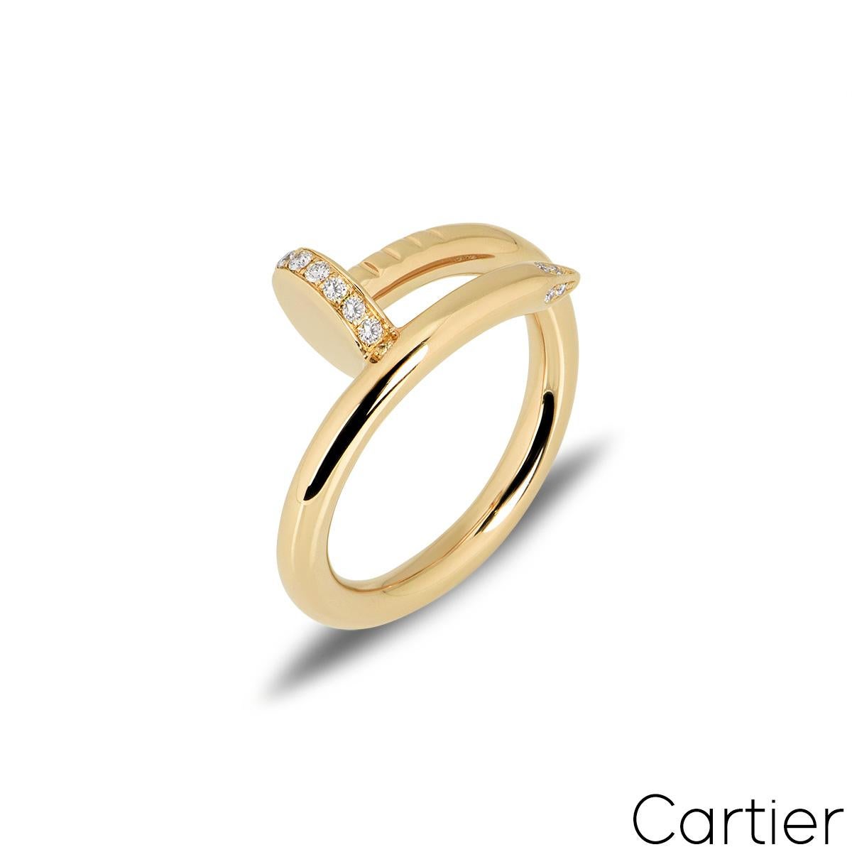 A stylish 18k yellow gold Cartier diamond ring from the Juste Un Clou collection. The ring is in the style of a nail and has 22 round brilliant cut diamonds pave set in the head and tip with a total weight of 0.13ct. The ring is size 48 and has a