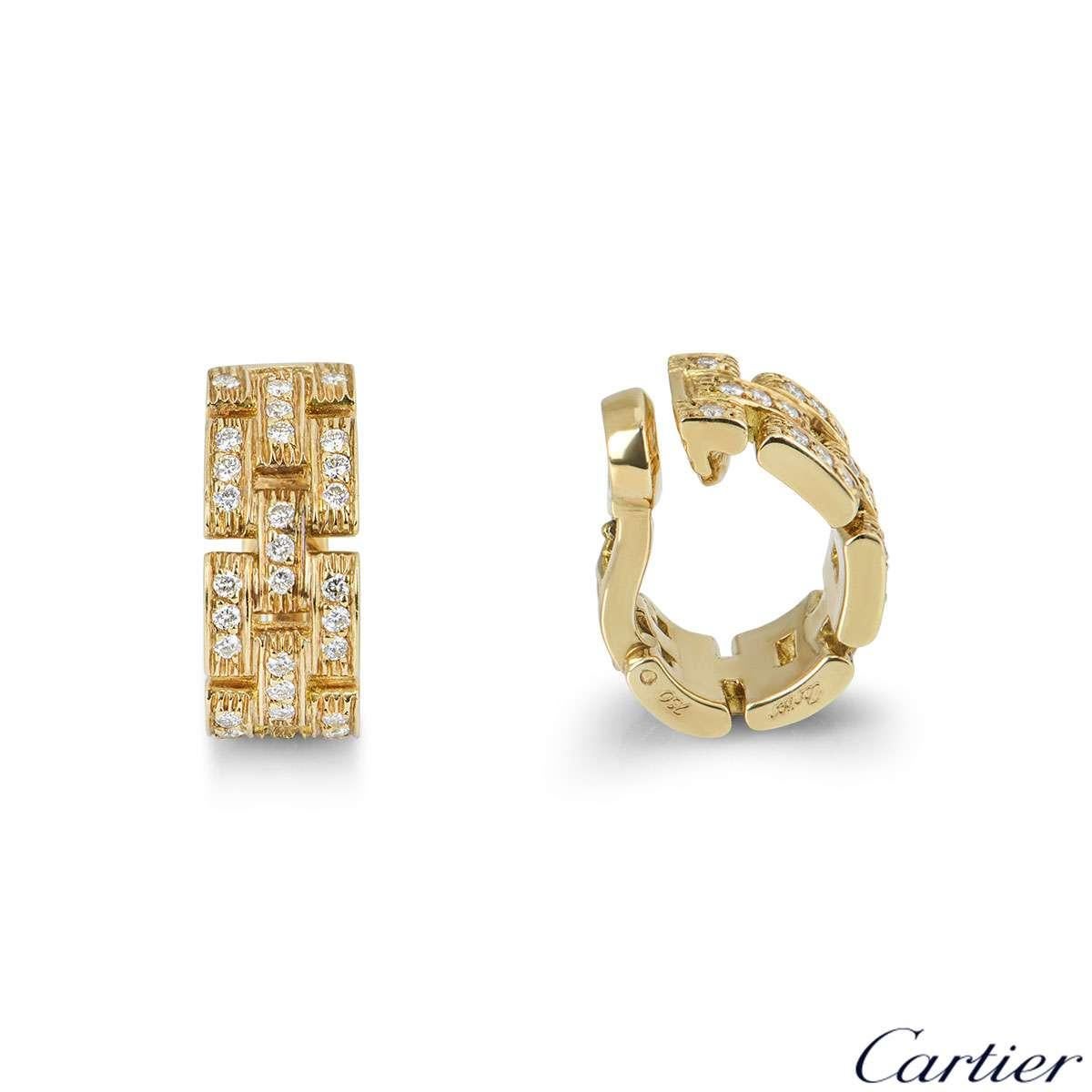 A pair of 18k yellow gold diamond hoop ear clips from the Maillon Panthere collection by Cartier. The hoop earrings feature brick style links each set with round brilliant cut diamonds totalling approximately 0.48ct. The earrings measure 7mm in