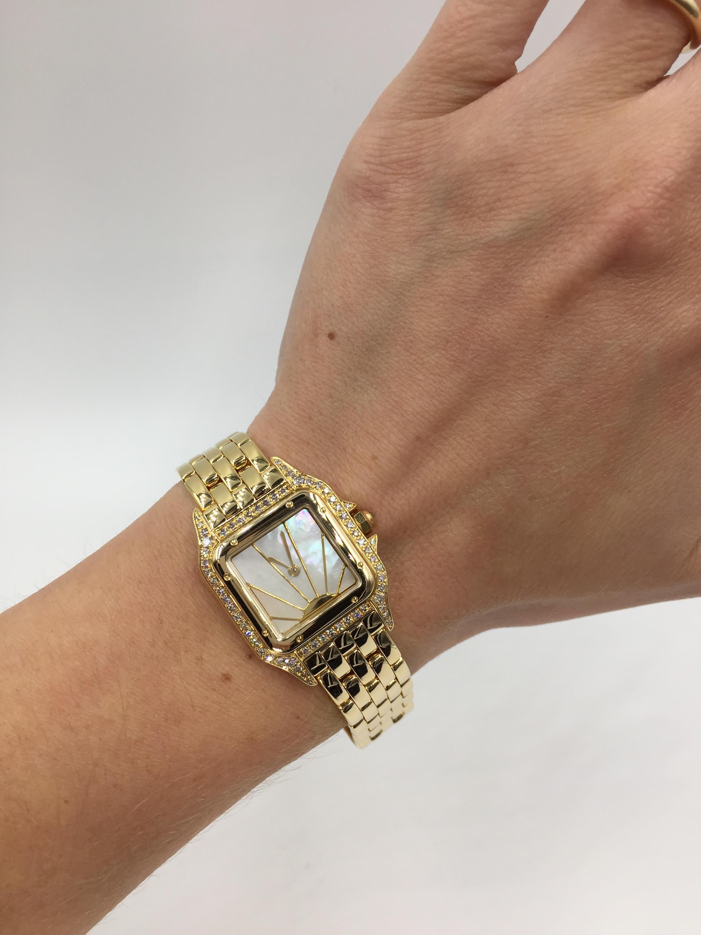 Art Deco Cartier yellow Gold Diamond Mother-of-Pearl Panthére Quartz Wristwatch 