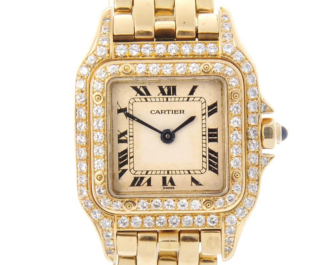 Cartier Yellow Gold Diamond Panther Bracelet quartz Wristwatch  In Good Condition In Firenze, IT