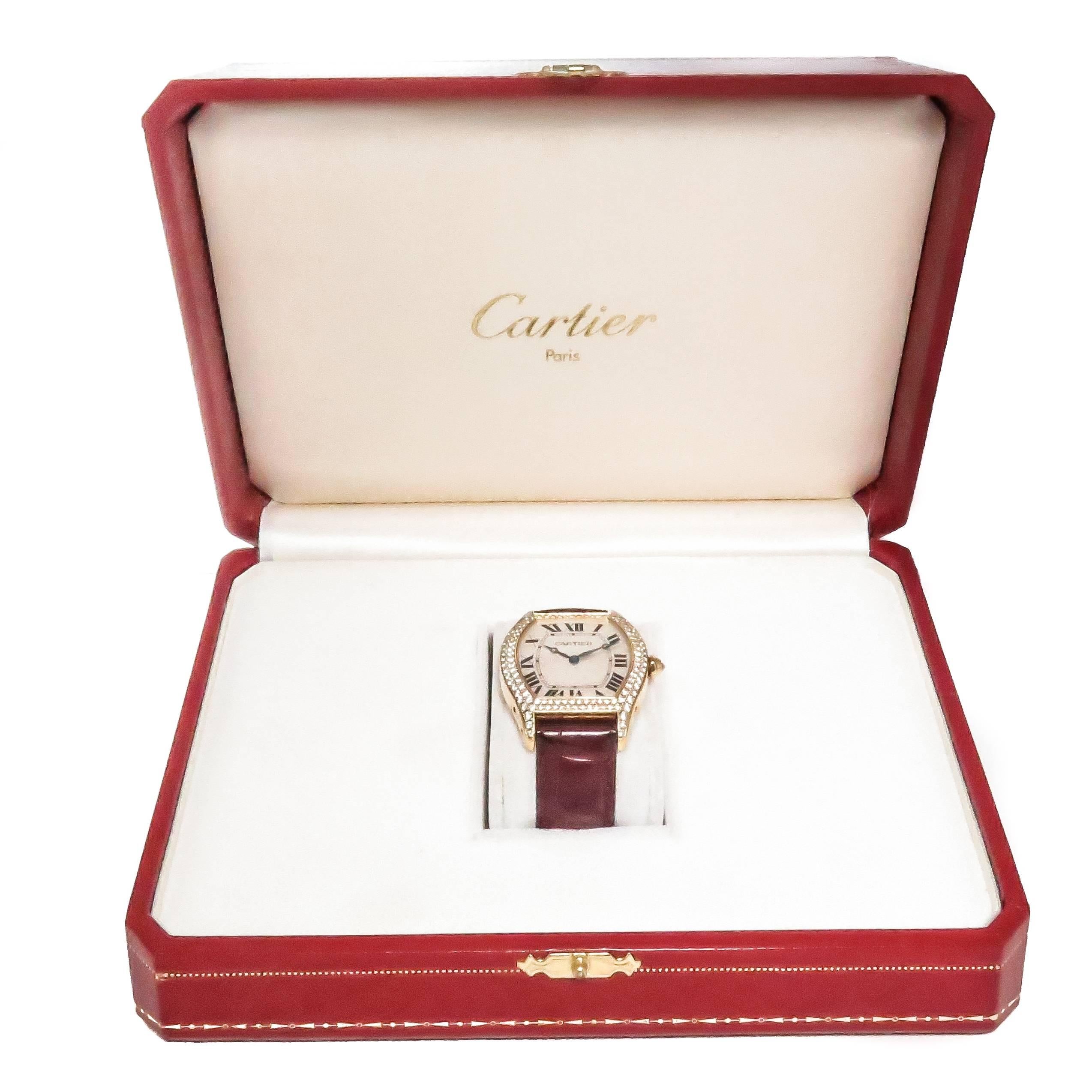 Women's or Men's Cartier Yellow Gold Diamond Tortue Large Manual Wind Wristwatch Ref 2496