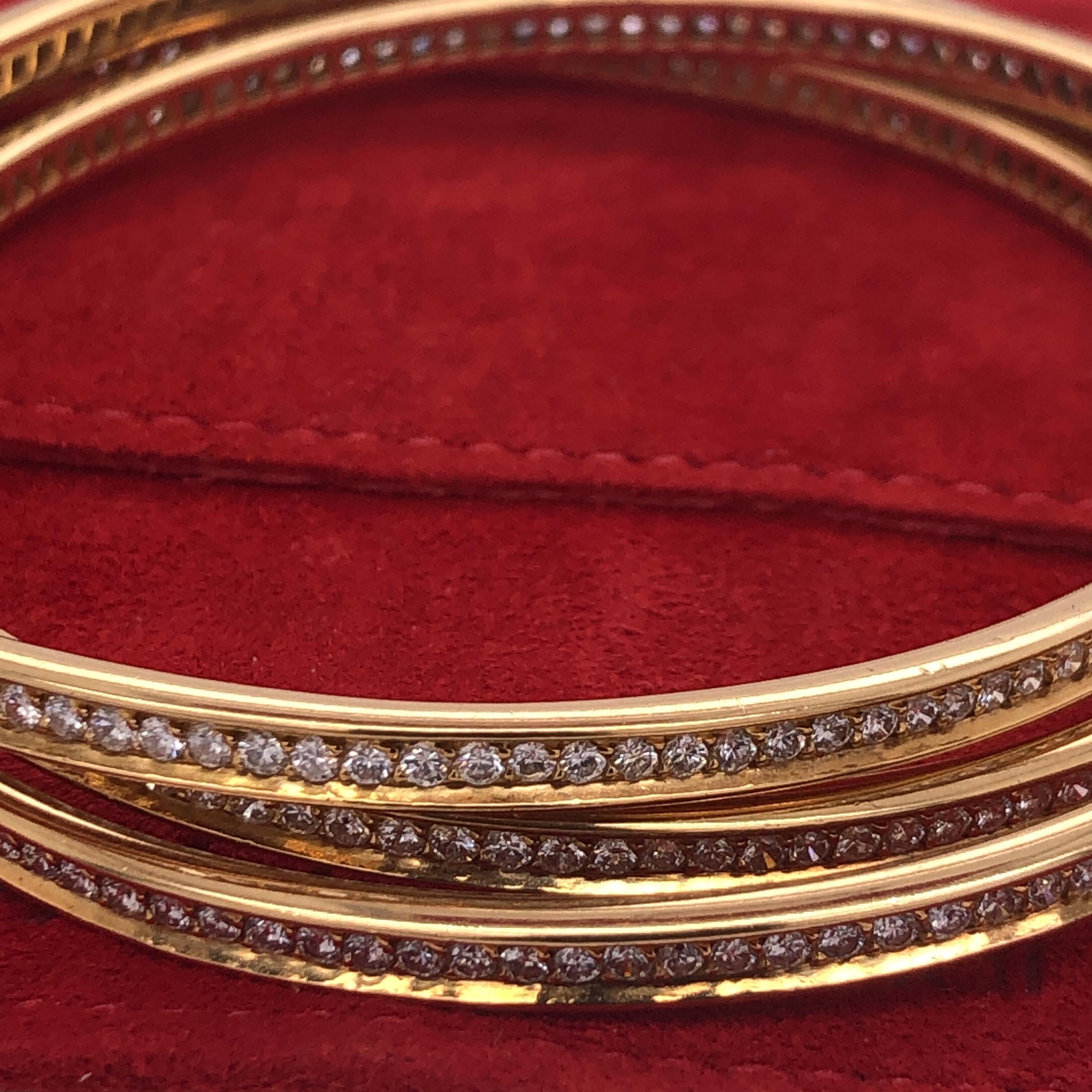 Round Cut Cartier Yellow Gold Diamond Trinity Bangles For Sale